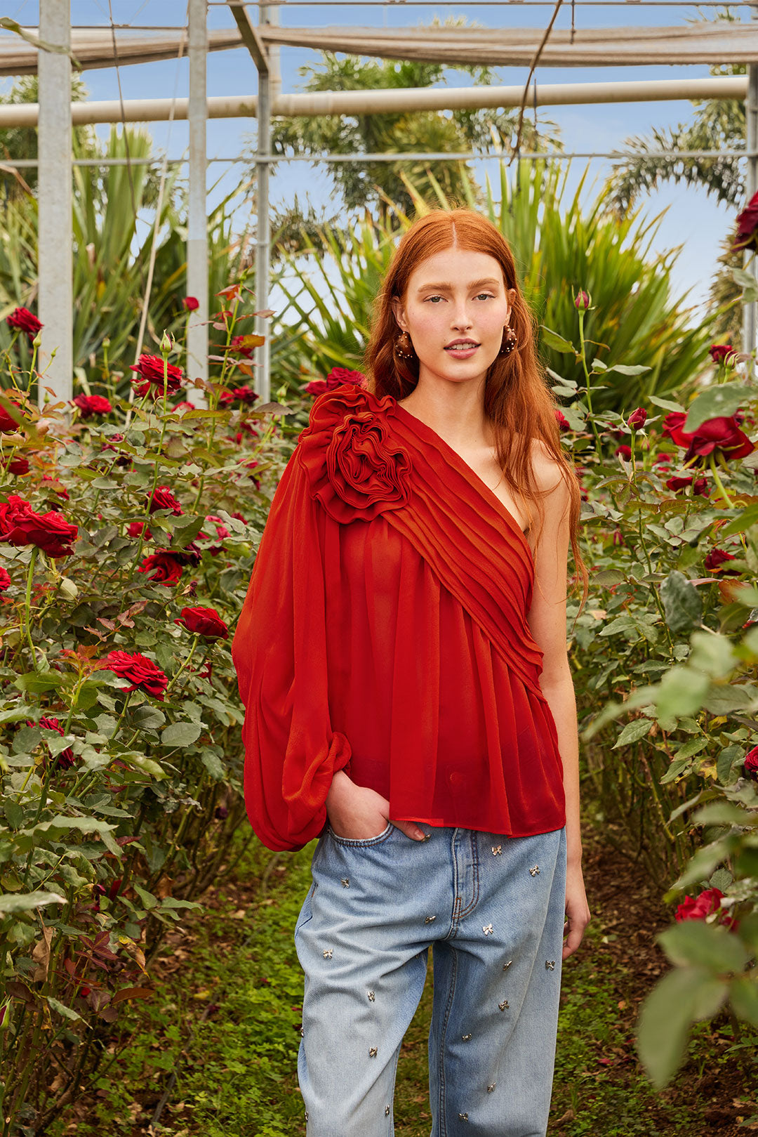 FARM Rio model wearing the Red Rose Puff Sleeve One-Shoulder Blouse