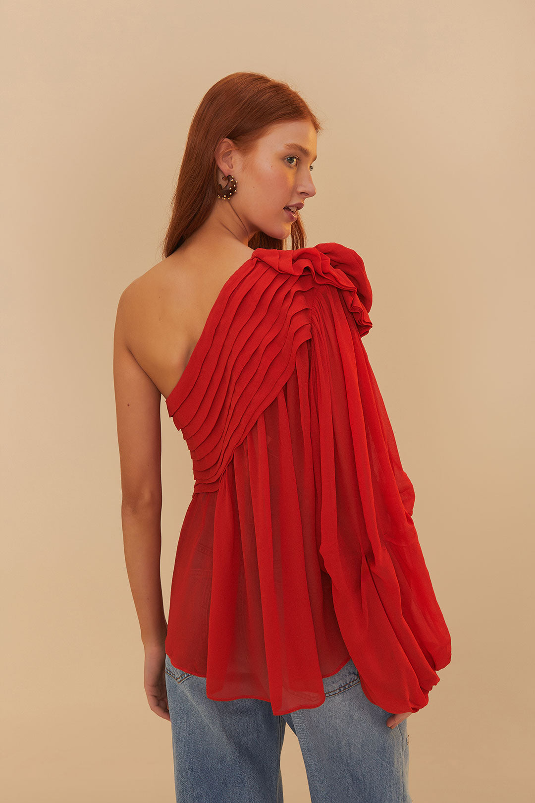 FARM Rio model wearing the Red Rose Puff Sleeve One-Shoulder Blouse