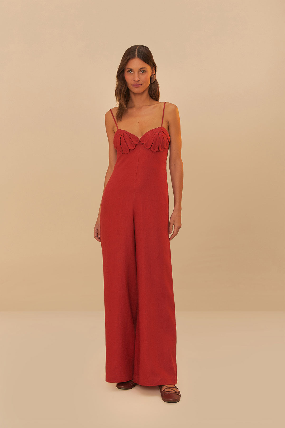 FARM Rio model wearing the Red Petals Bodice Euroflax™ Premium Linen Jumpsuit