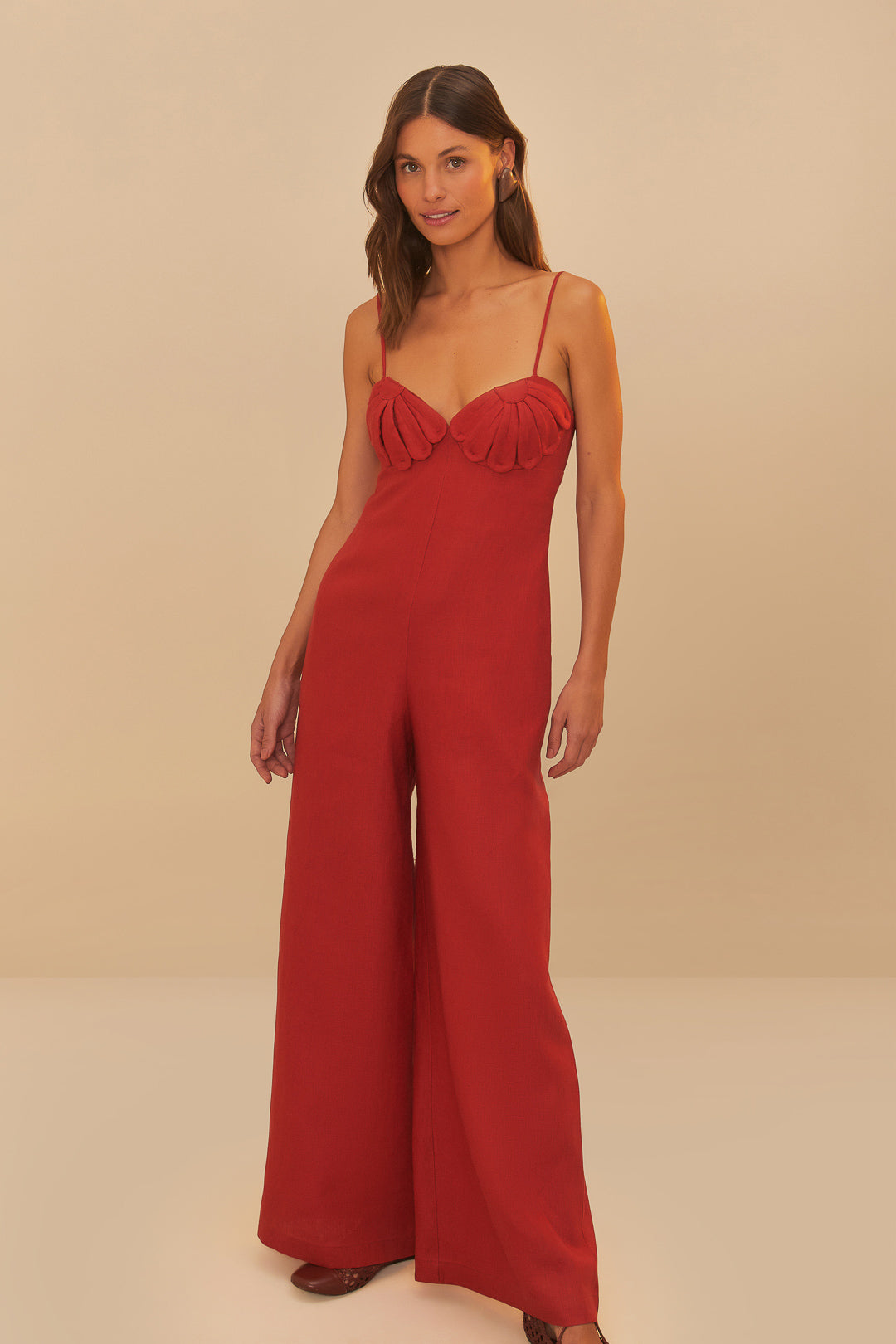 FARM Rio model wearing the Red Petals Bodice Euroflax™ Premium Linen Jumpsuit