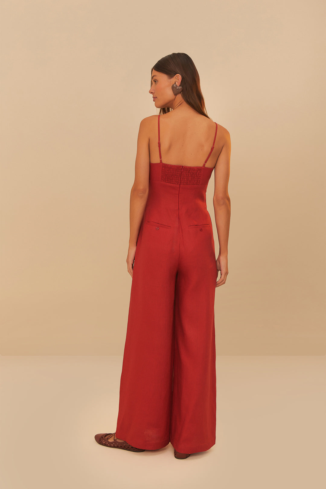 FARM Rio model wearing the Red Petals Bodice Euroflax™ Premium Linen Jumpsuit