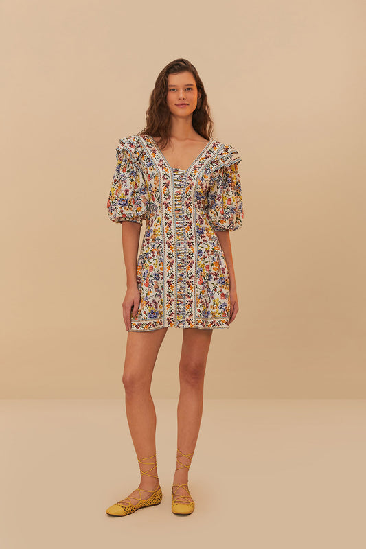 FARM Rio model wearing the Off-White Greek Garden LENZING™ ECOVERO™ Euroflax™ Mini Dress