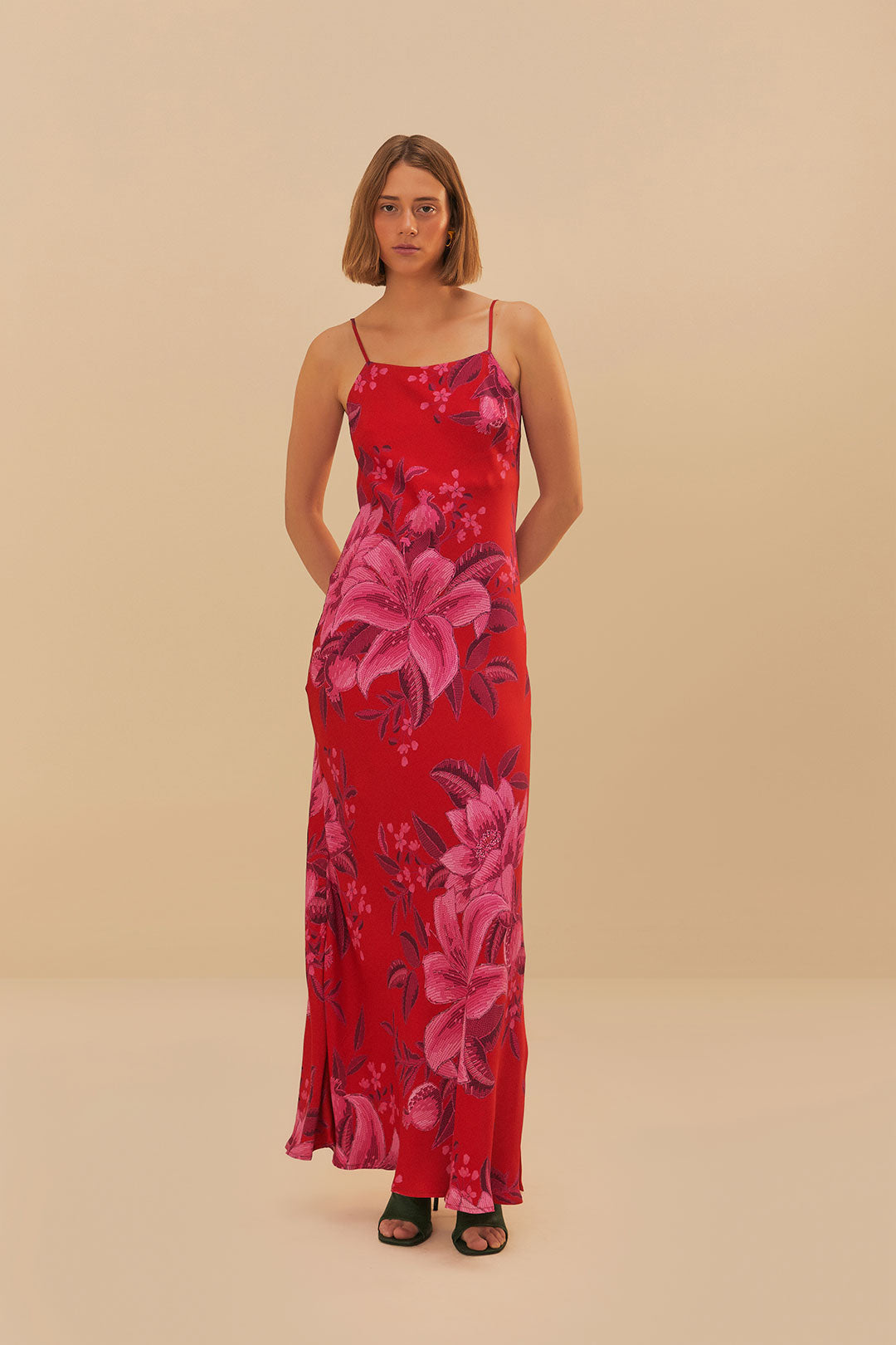 FARM Rio model wearing the Summer Fruit Red Maxi Slip Dress