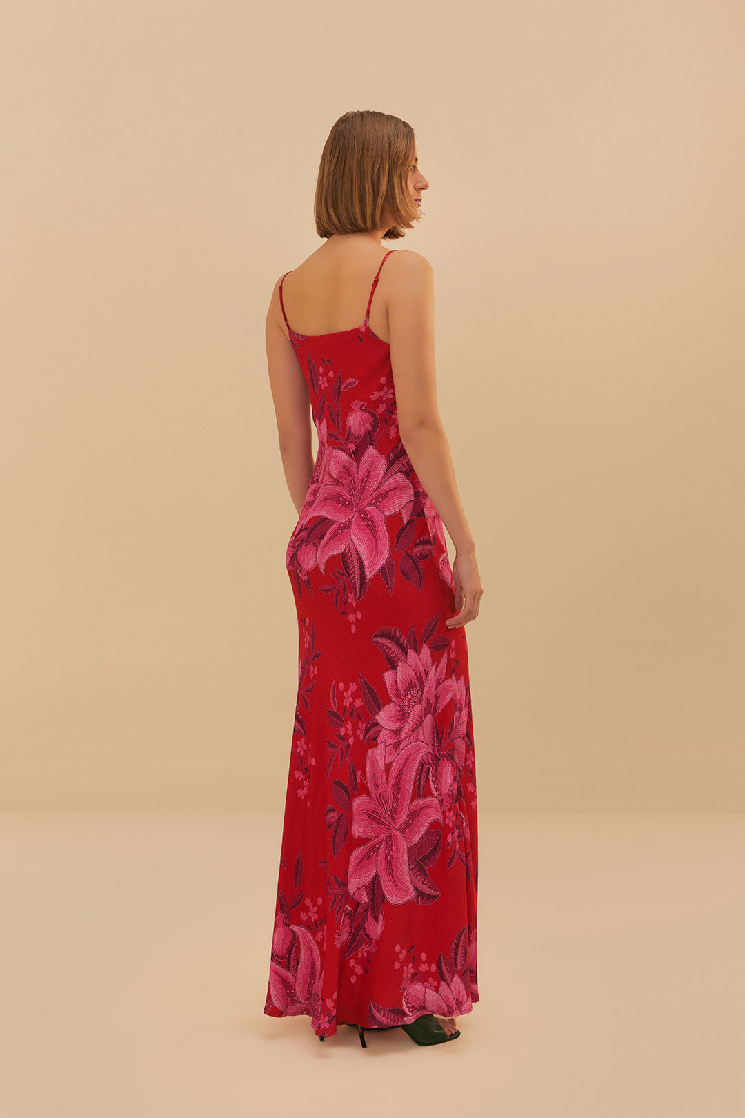 FARM Rio model wearing the Summer Fruit Red Maxi Slip Dress
