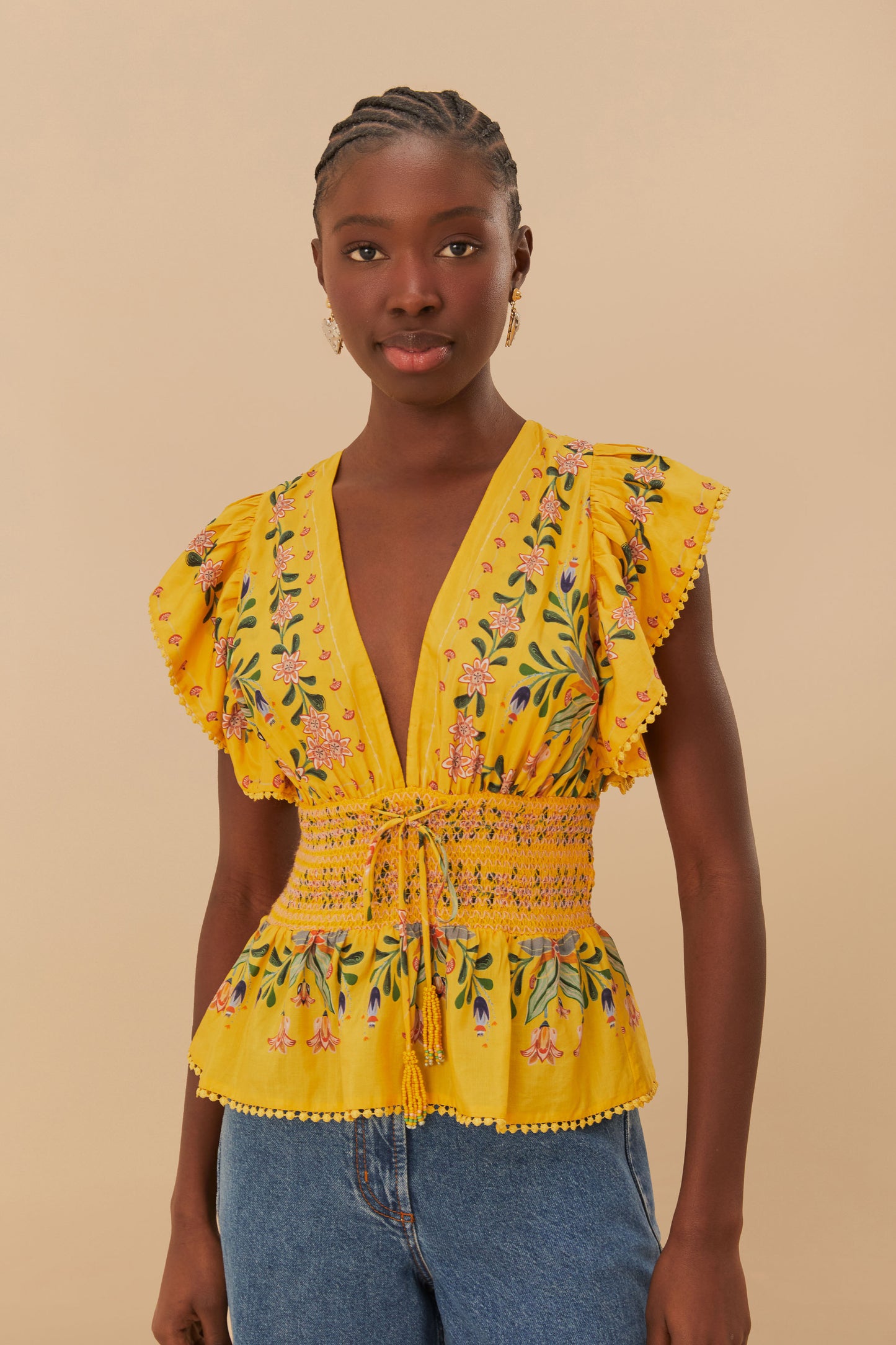 Yellow Delicate Flowers Stripes Blouse