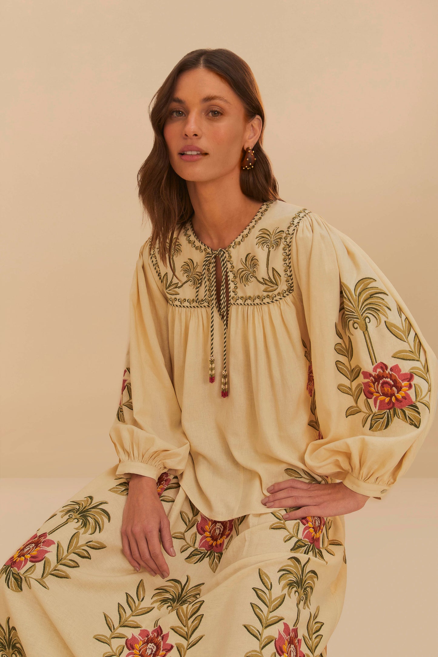 Tropical Flower Embroidered Sand Long Sleeve Blouse