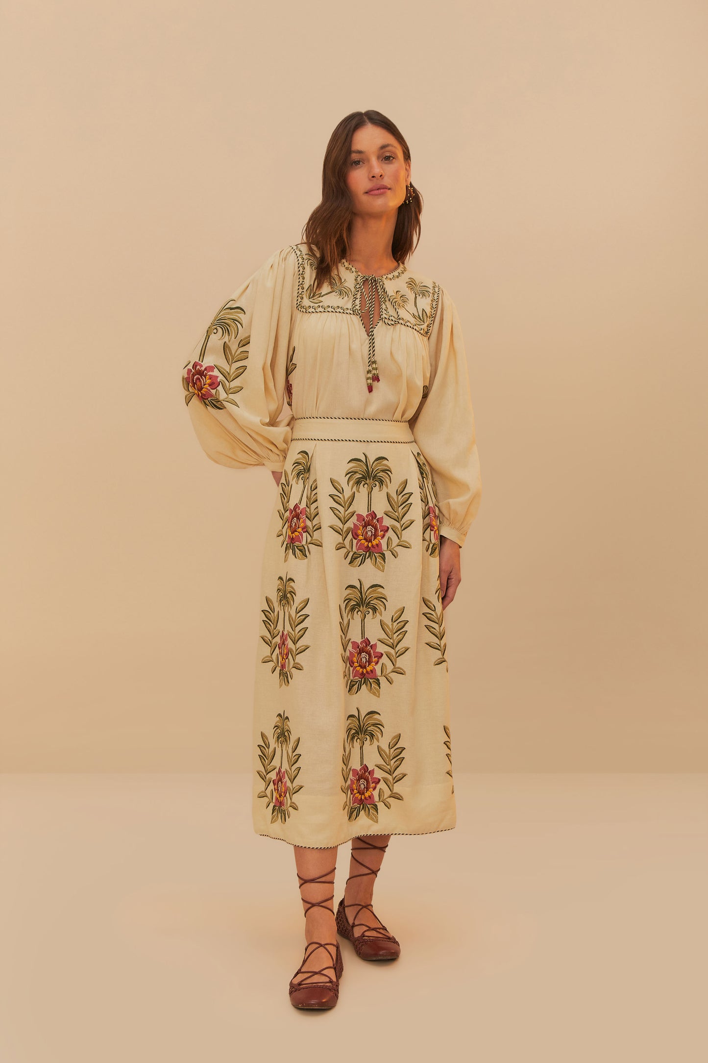 Tropical Flower Embroidered Sand Long Sleeve Blouse