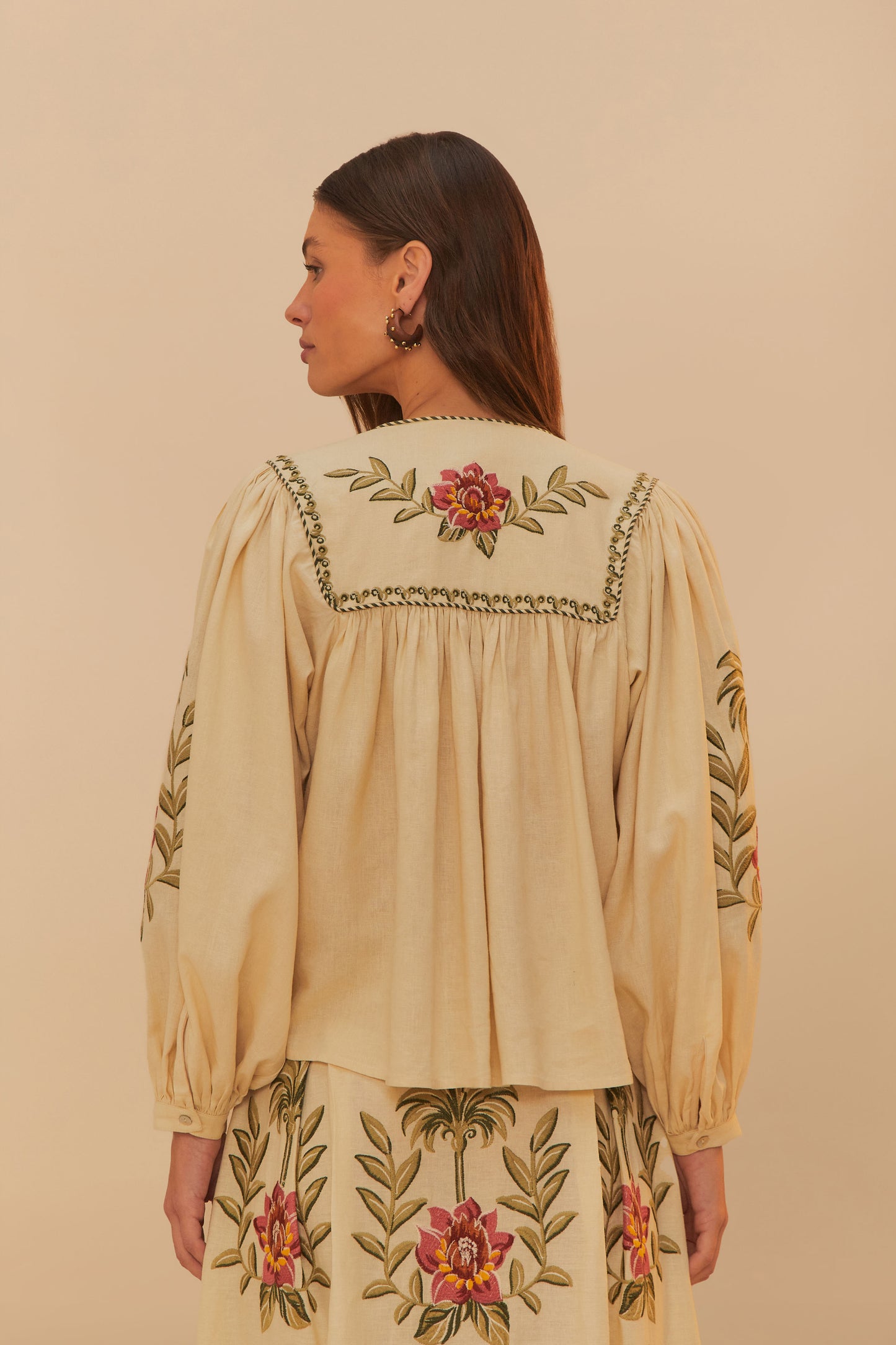Tropical Flower Embroidered Sand Long Sleeve Blouse