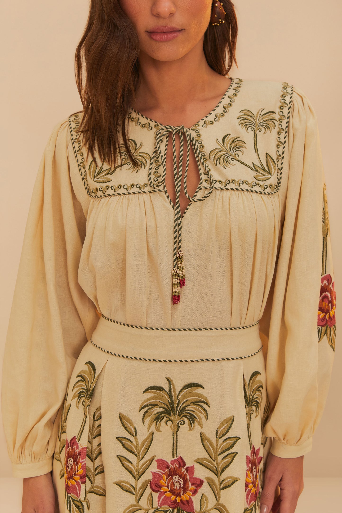Tropical Flower Embroidered Sand Long Sleeve Blouse