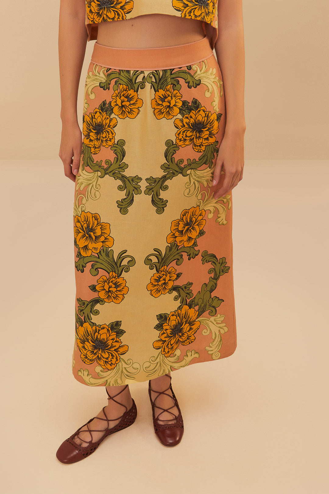 الوردي رفيع الزهرة أرابيسكيس Euroflax ™ Premium Linen Midi Skirt