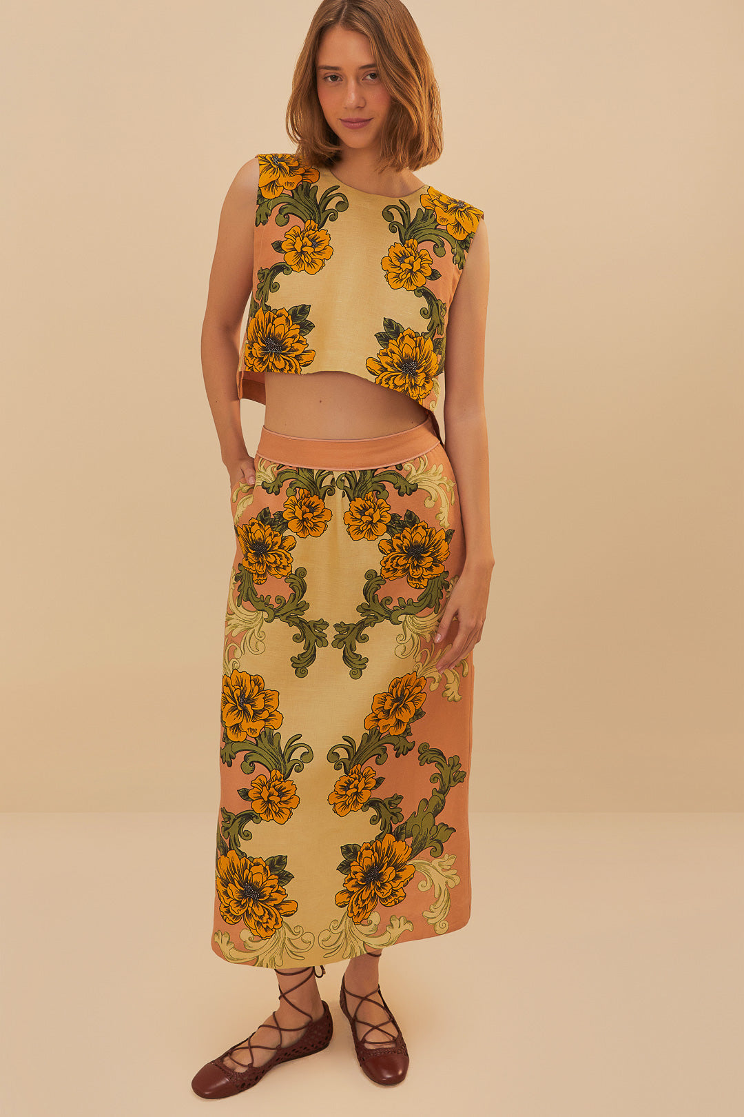 الوردي رفيع الزهرة أرابيسكيس Euroflax ™ Premium Linen Midi Skirt