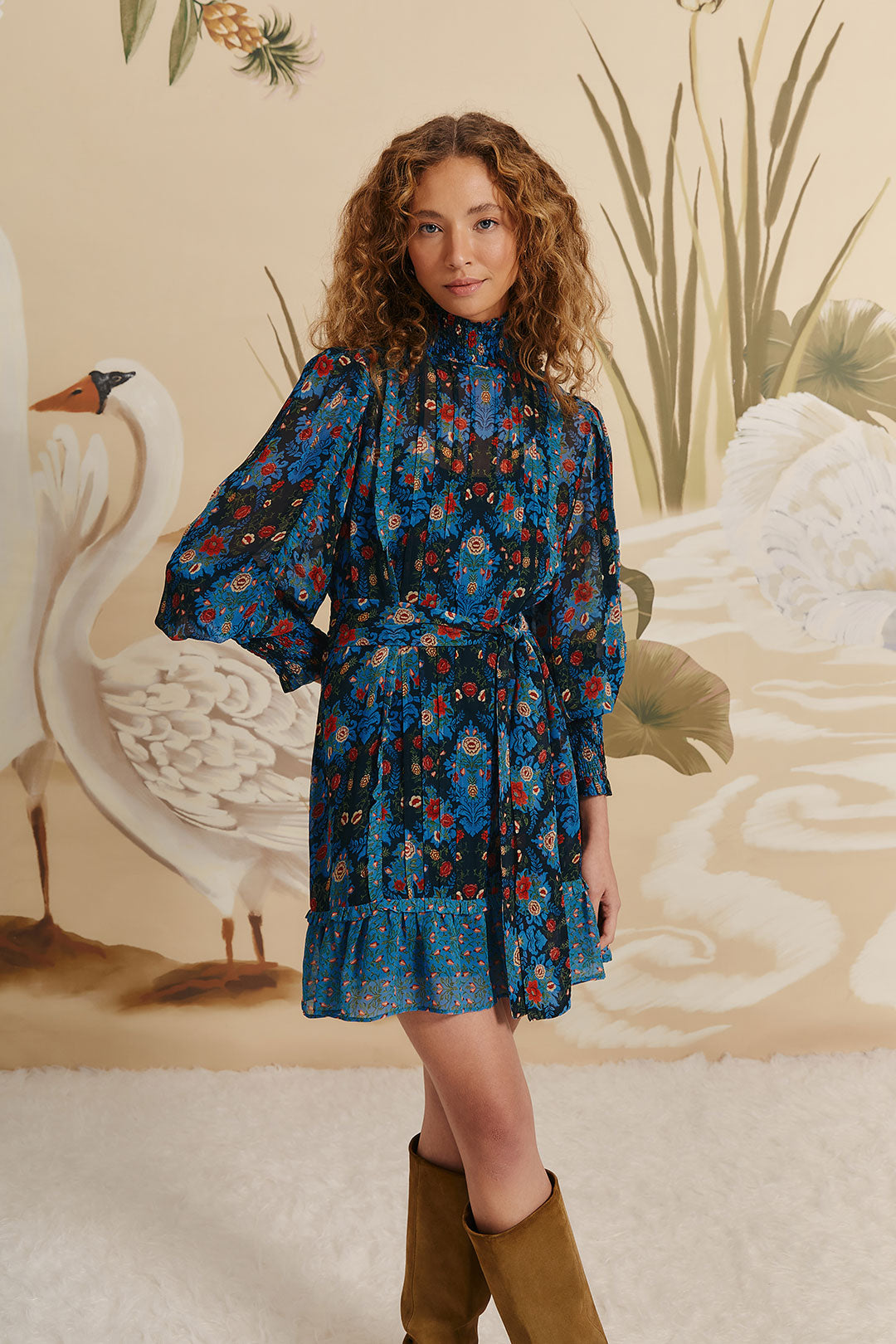 FARM Rio model wearing the Blue Arabesque Floral High Neck Mini Dress