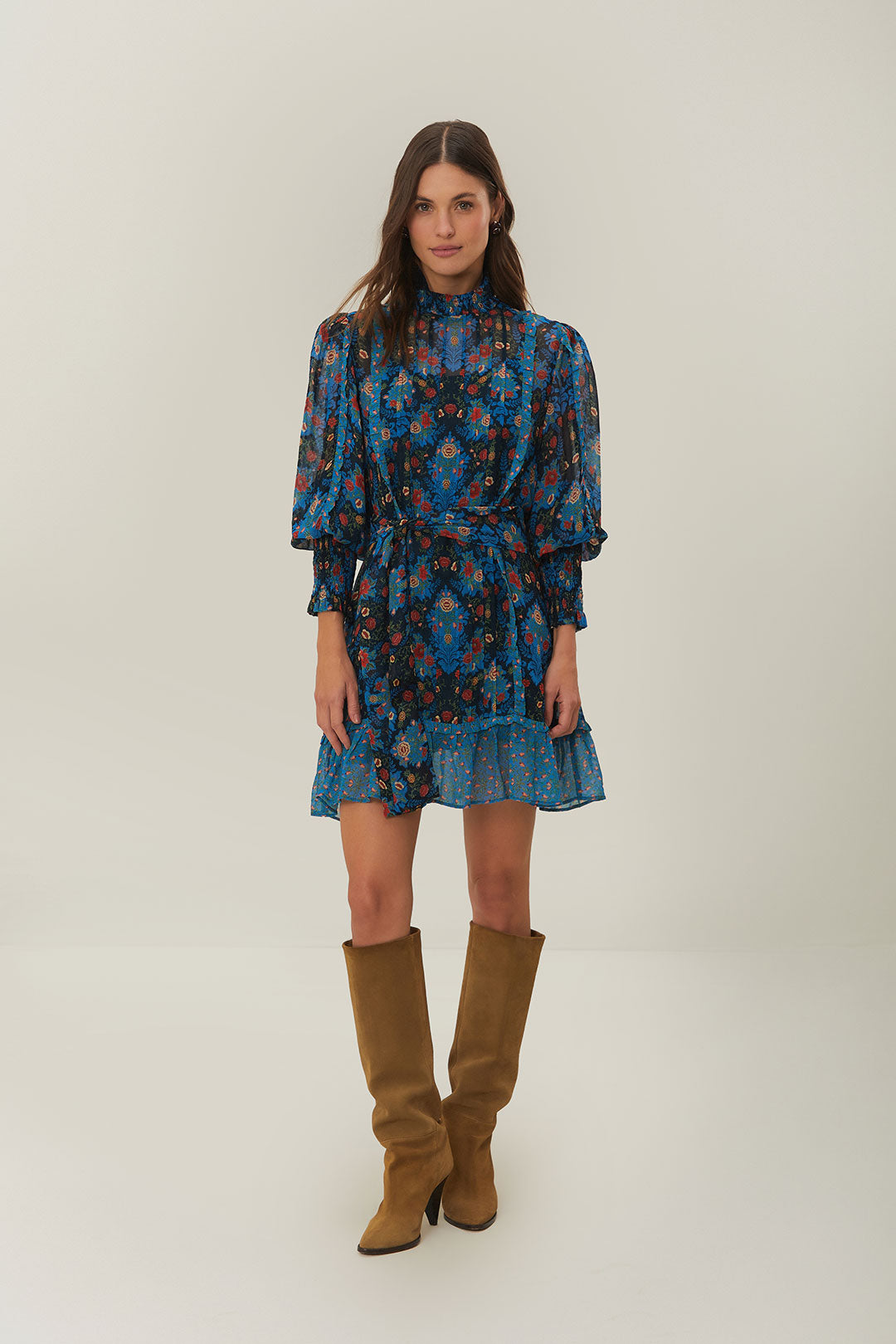 FARM Rio model wearing the Blue Arabesque Floral High Neck Mini Dress