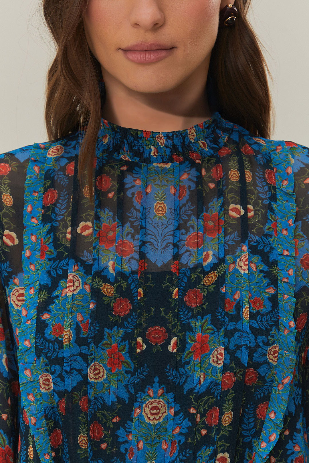 FARM Rio model wearing the Blue Arabesque Floral High Neck Mini Dress