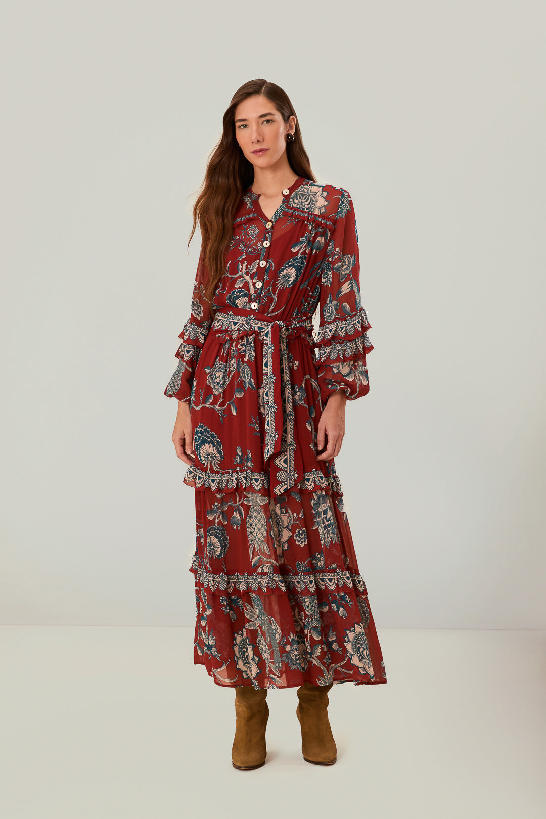 FARM Rio model wearing the Red Tropical Landing Maxi Dress