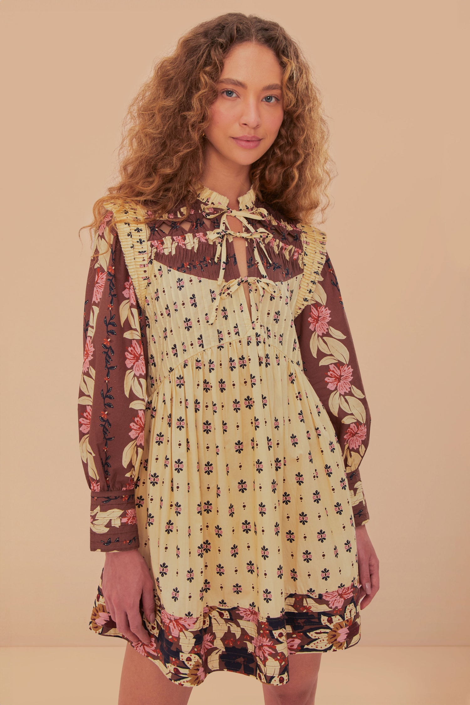 FARM Rio model wearing the Ainika Maxi Floral Cream Open Yoke Mini Dress