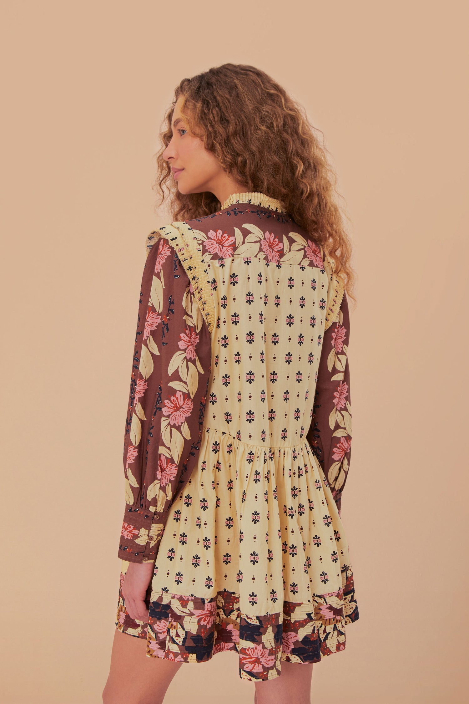 FARM Rio model wearing the Ainika Maxi Floral Cream Open Yoke Mini Dress