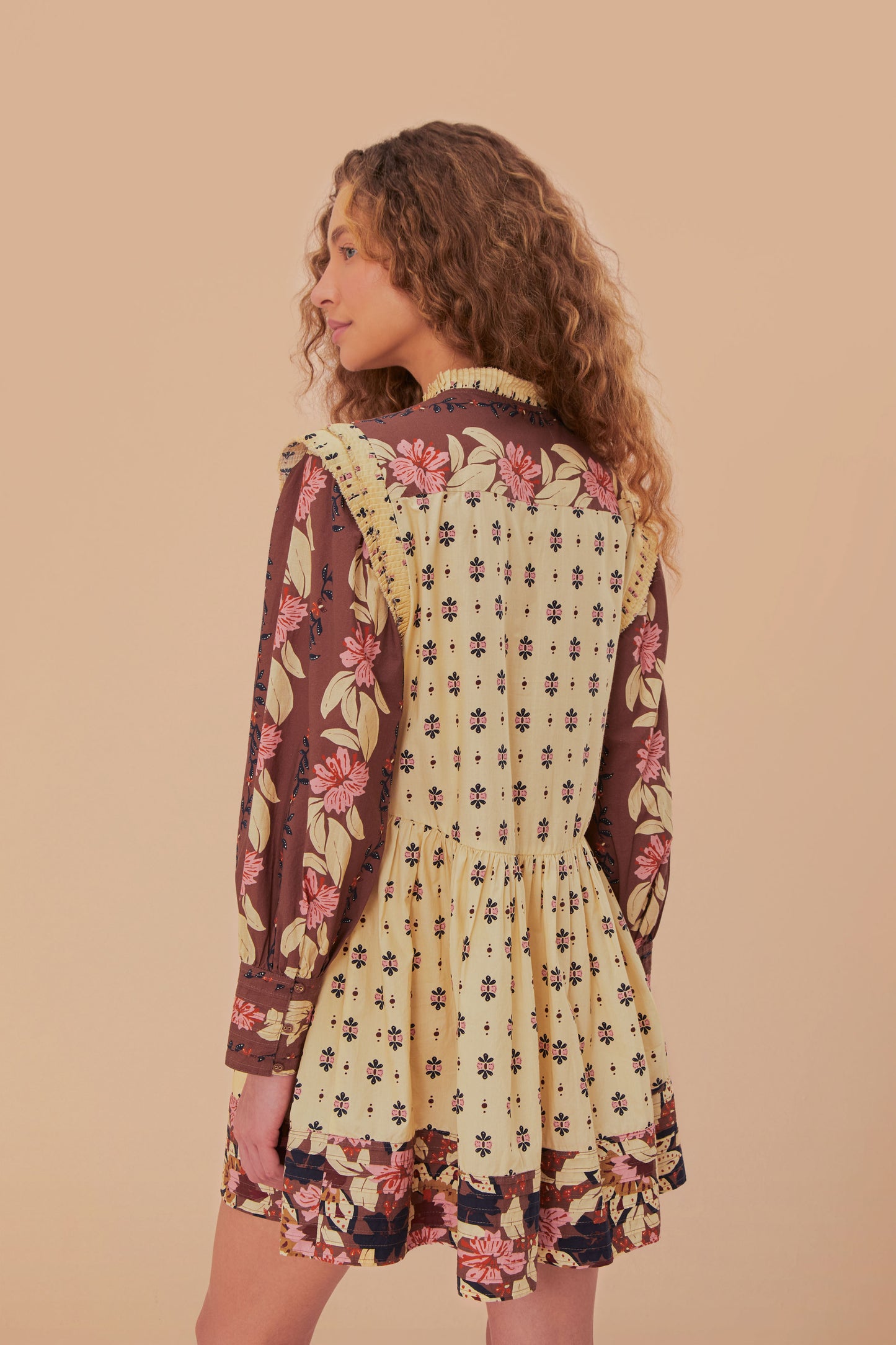 FARM Rio model wearing the Ainika Maxi Floral Cream Open Yoke Mini Dress
