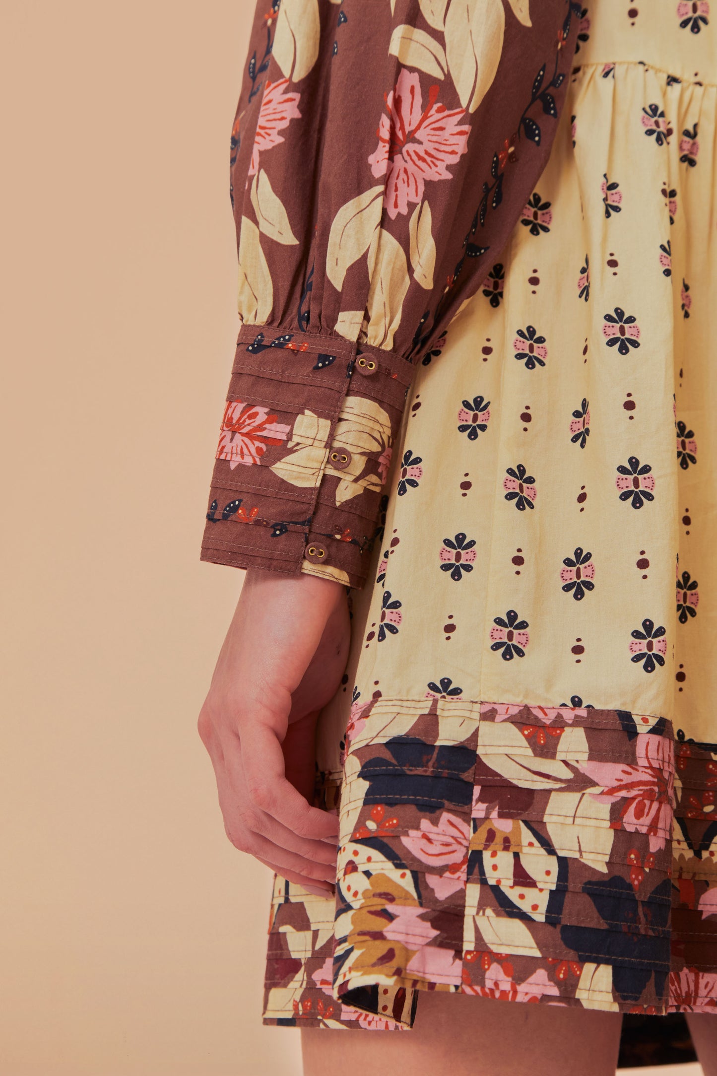 FARM Rio model wearing the Ainika Maxi Floral Cream Open Yoke Mini Dress