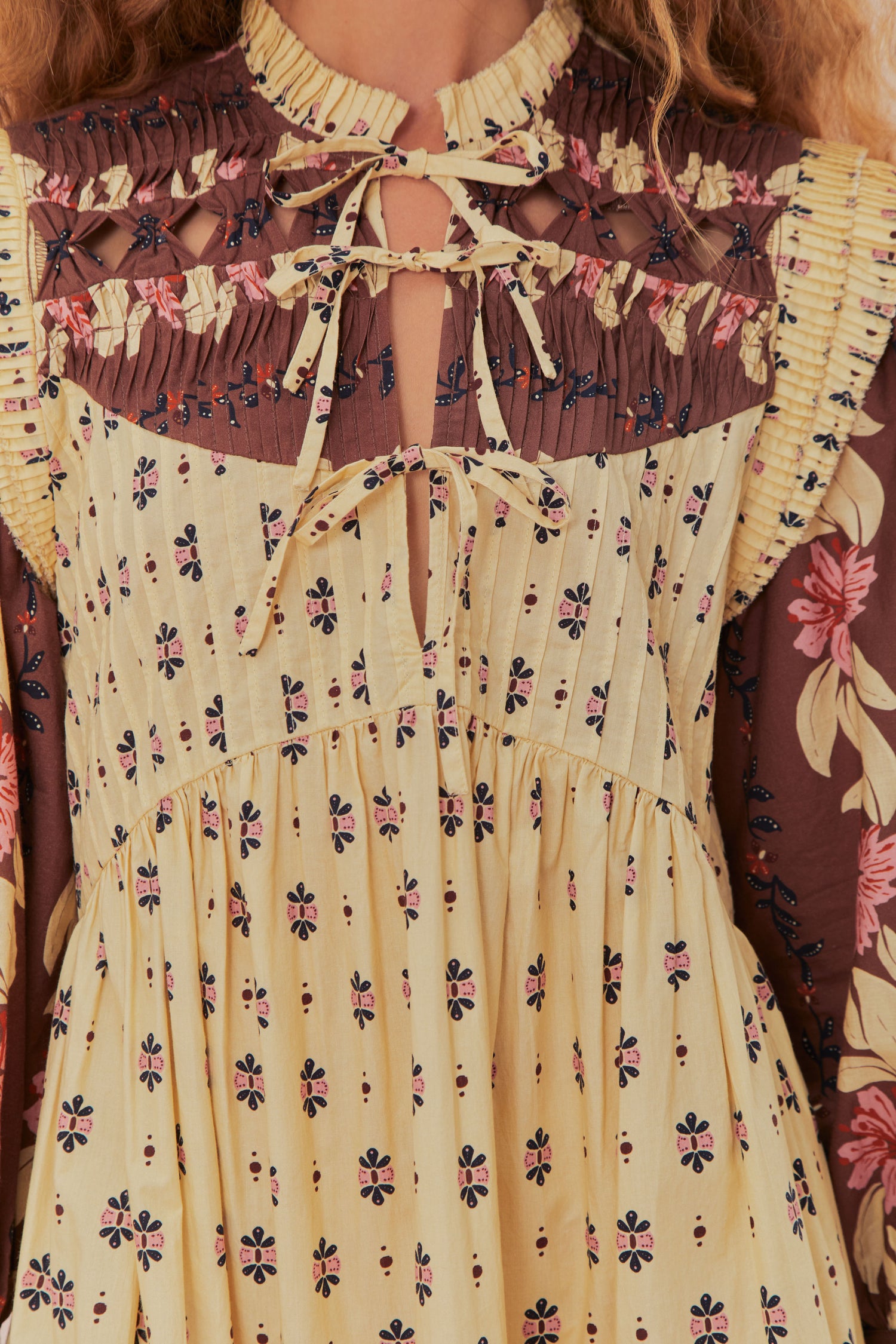 FARM Rio model wearing the Ainika Maxi Floral Cream Open Yoke Mini Dress