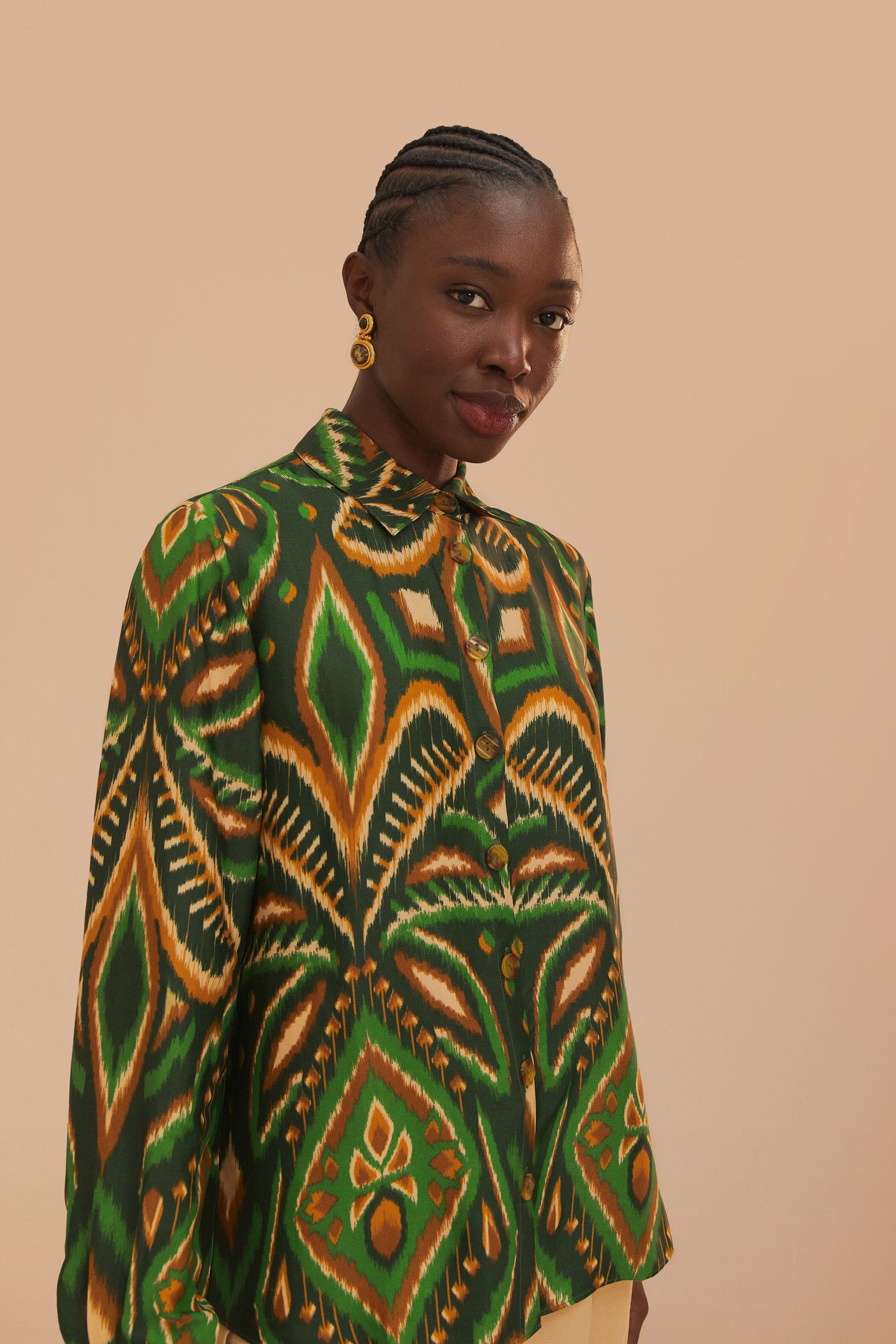 FARM Rio model wearing the Pineapple Ikat Green Shirt