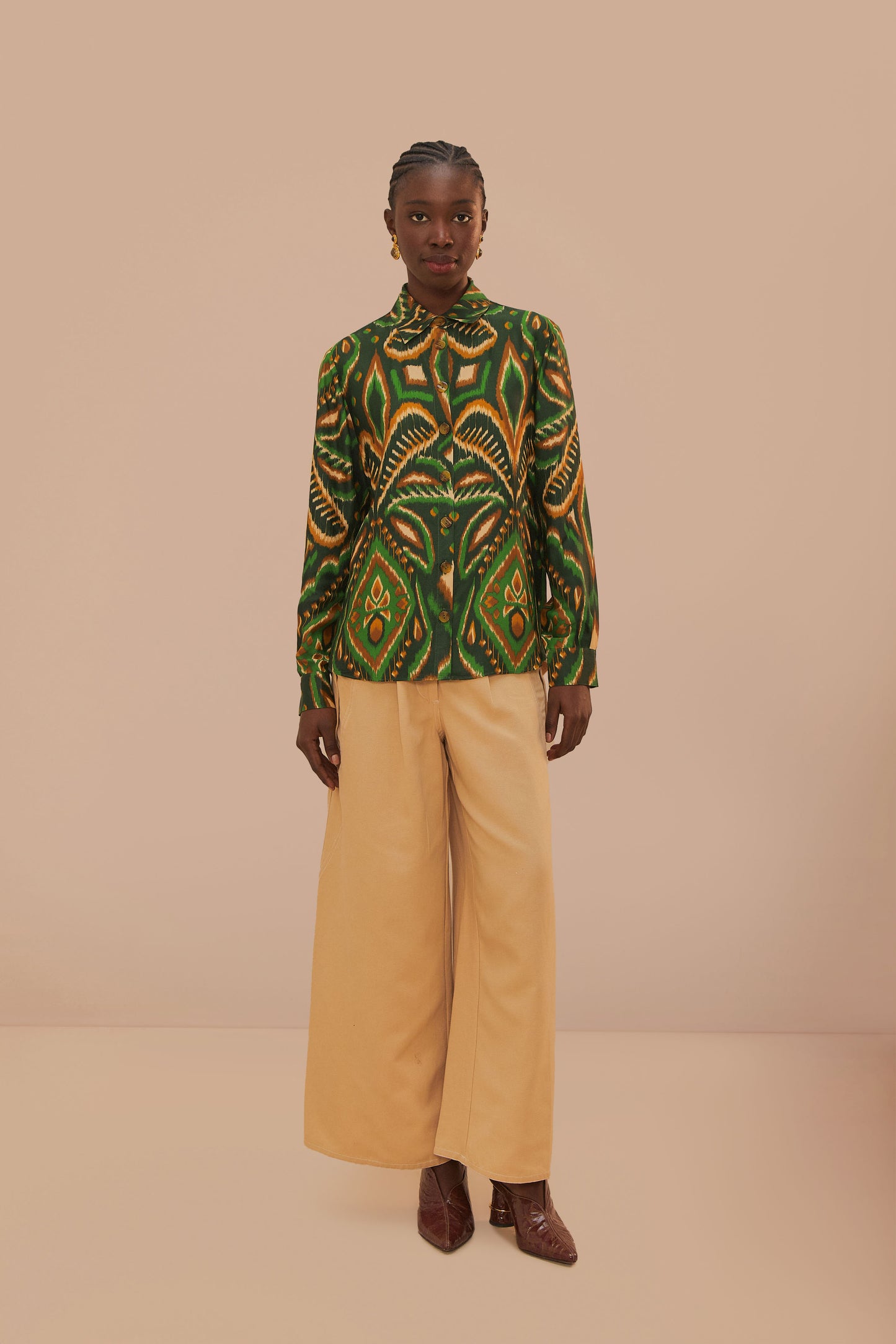FARM Rio model wearing the Pineapple Ikat Green Shirt