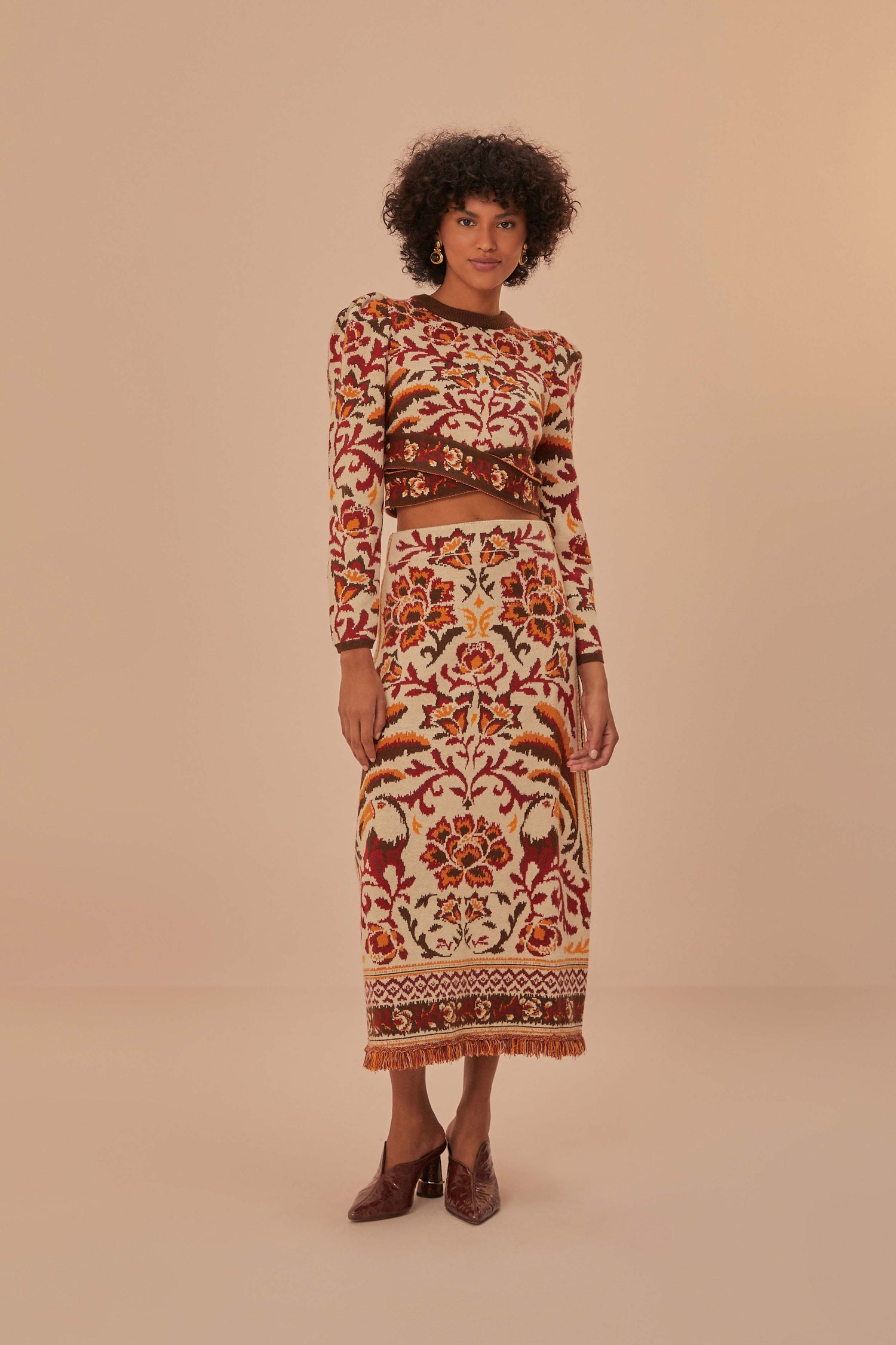 FARM Rio model wearing the Toucans Scarf Knit Skirt