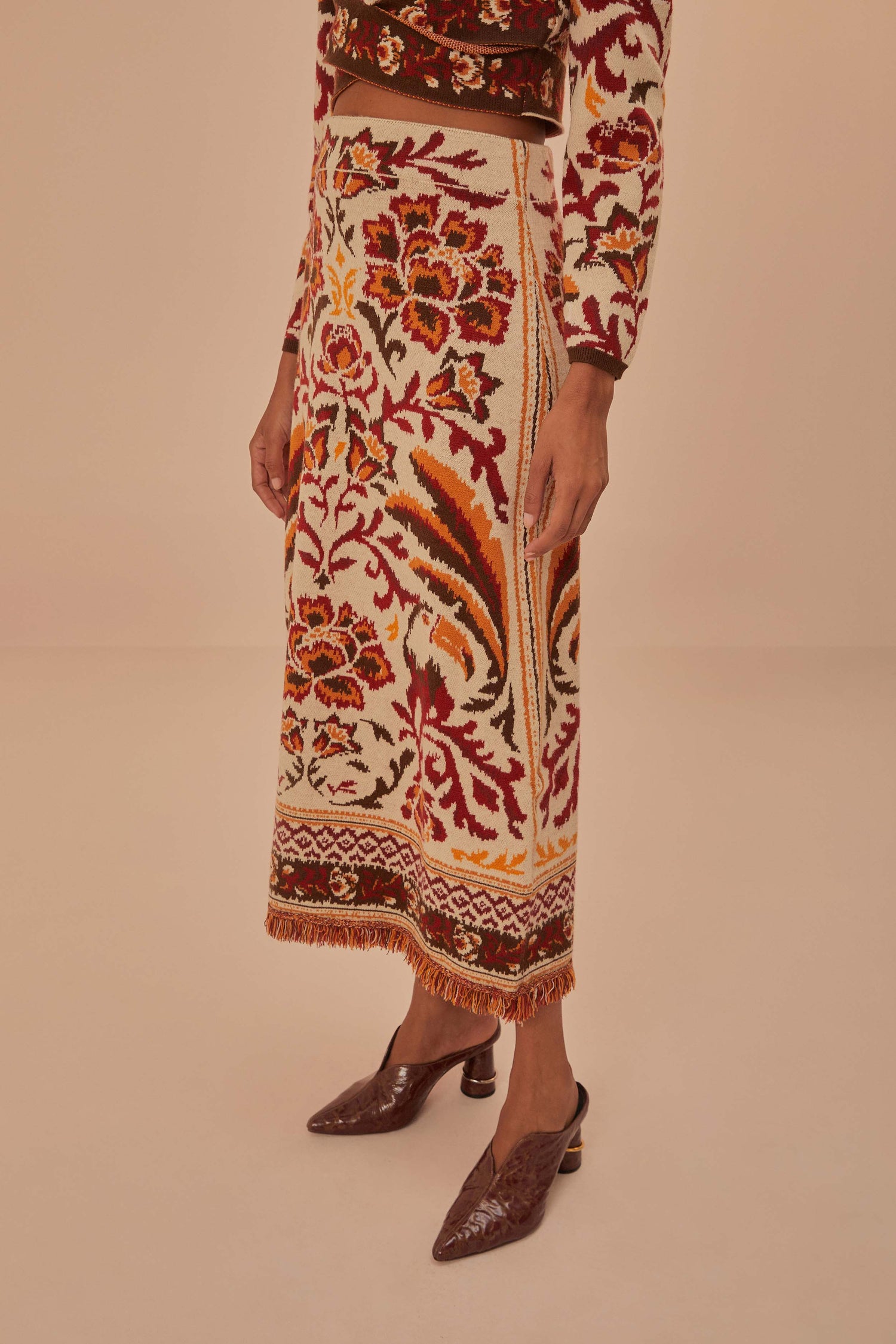 FARM Rio model wearing the Toucans Scarf Knit Skirt