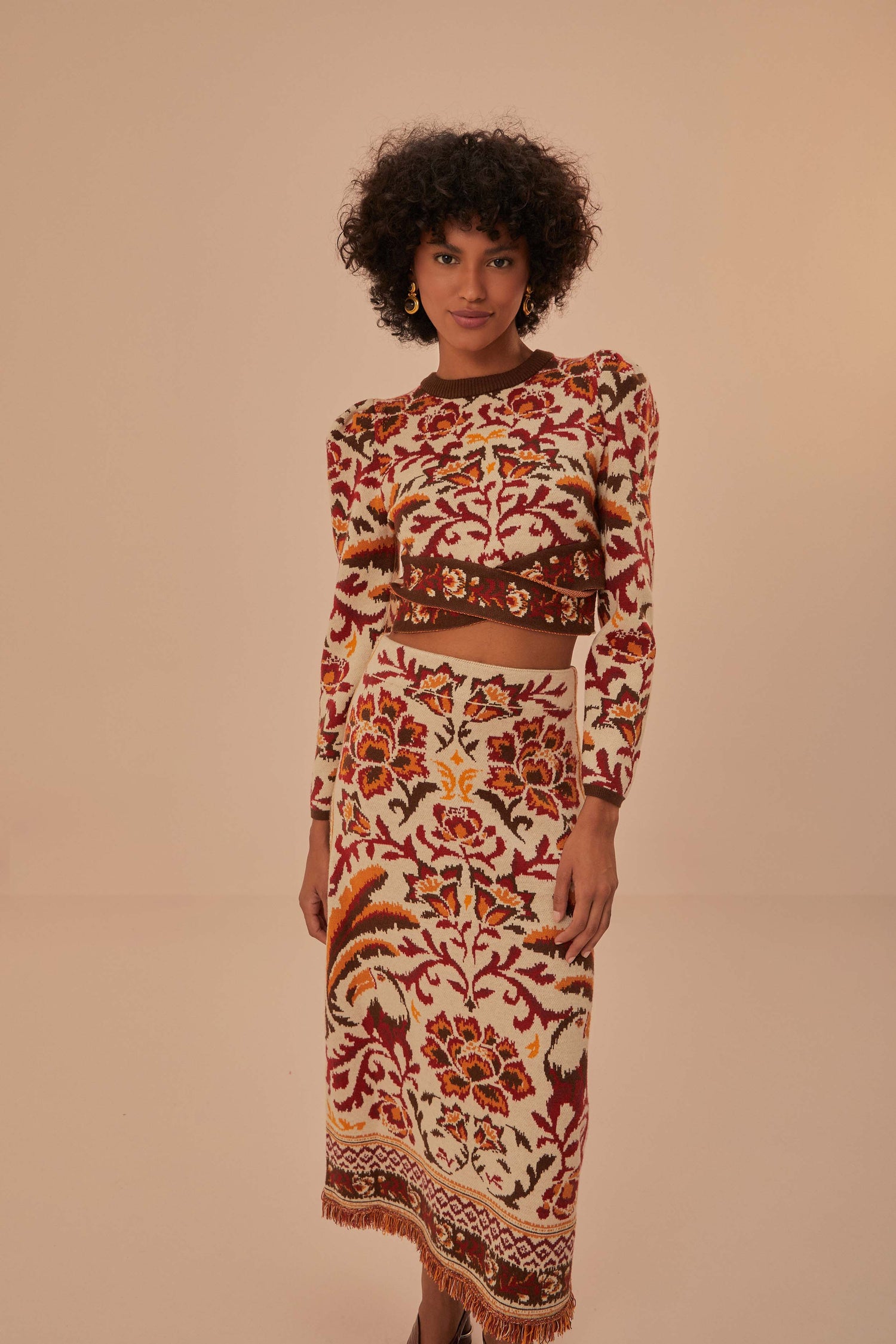 FARM Rio model wearing the Toucans Scarf Knit Skirt