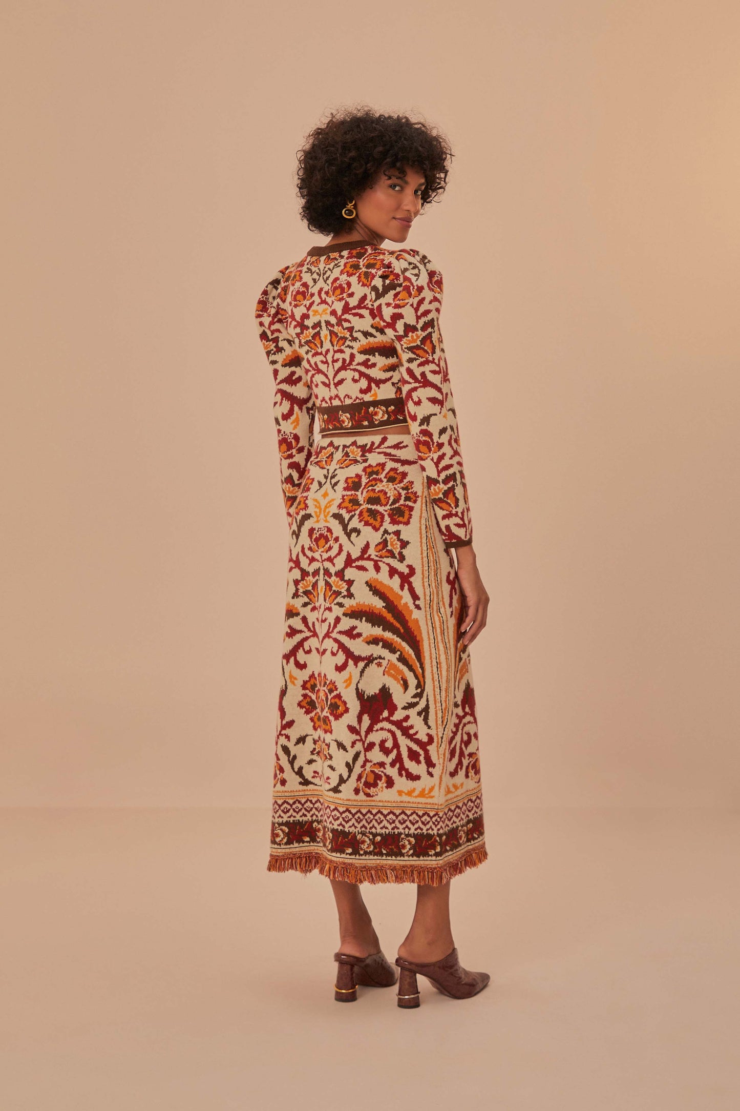 FARM Rio model wearing the Toucans Scarf Knit Skirt