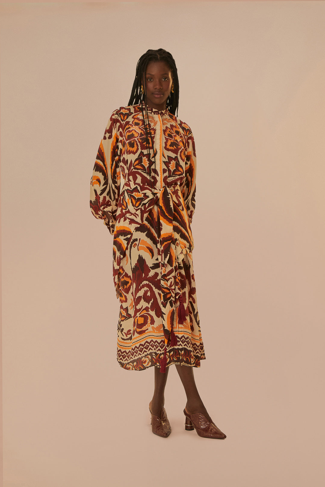 FARM Rio model wearing the Cream Toucans Scarf Maxi Dress