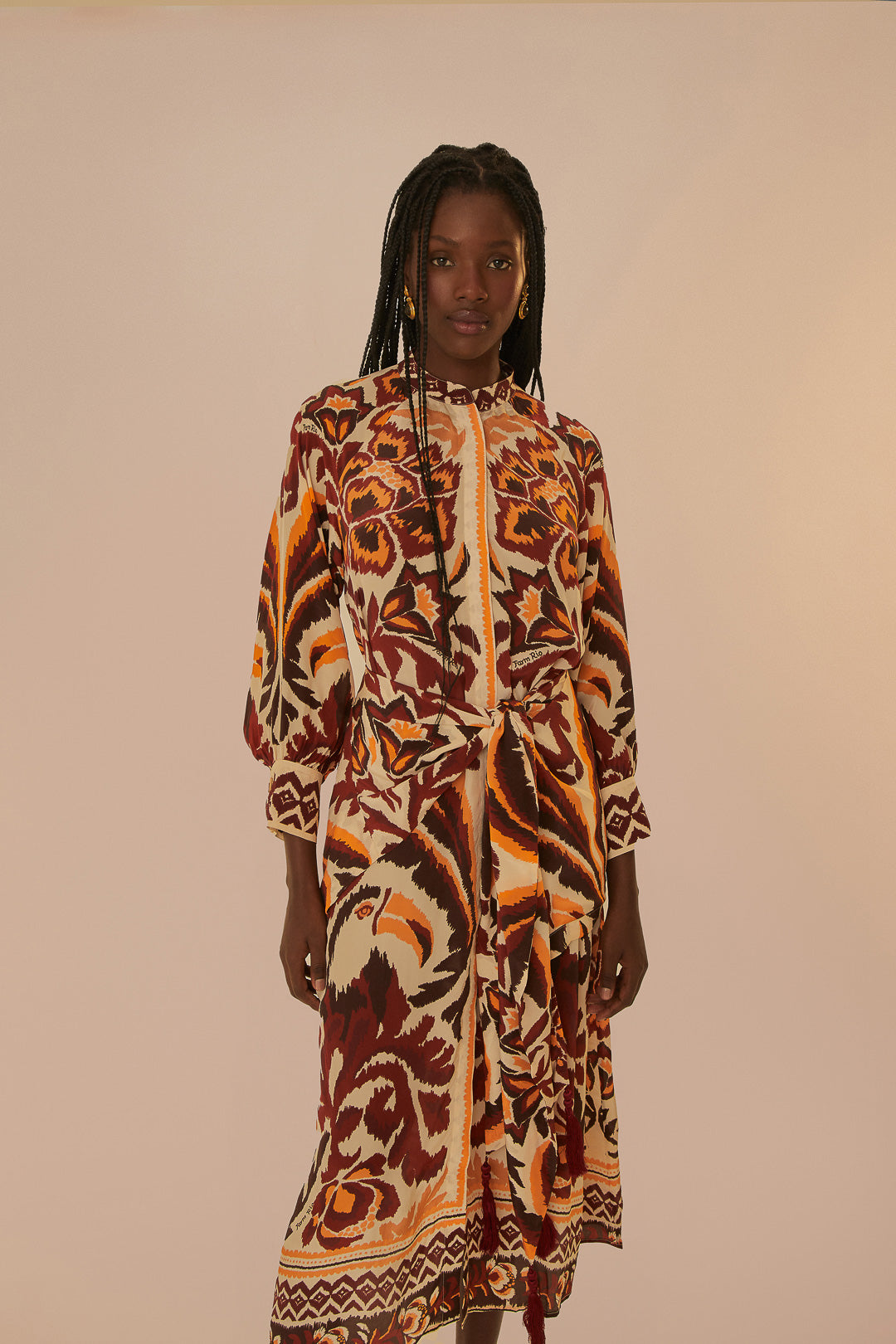 FARM Rio model wearing the Cream Toucans Scarf Maxi Dress