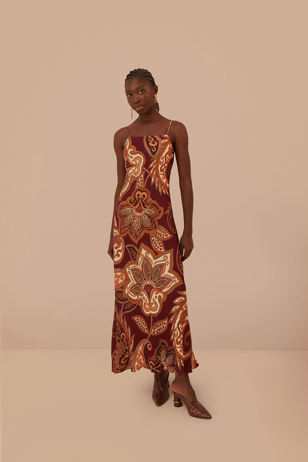 FARM Rio model wearing the Leopard Paisley Burgundy Maxi Slip Dress