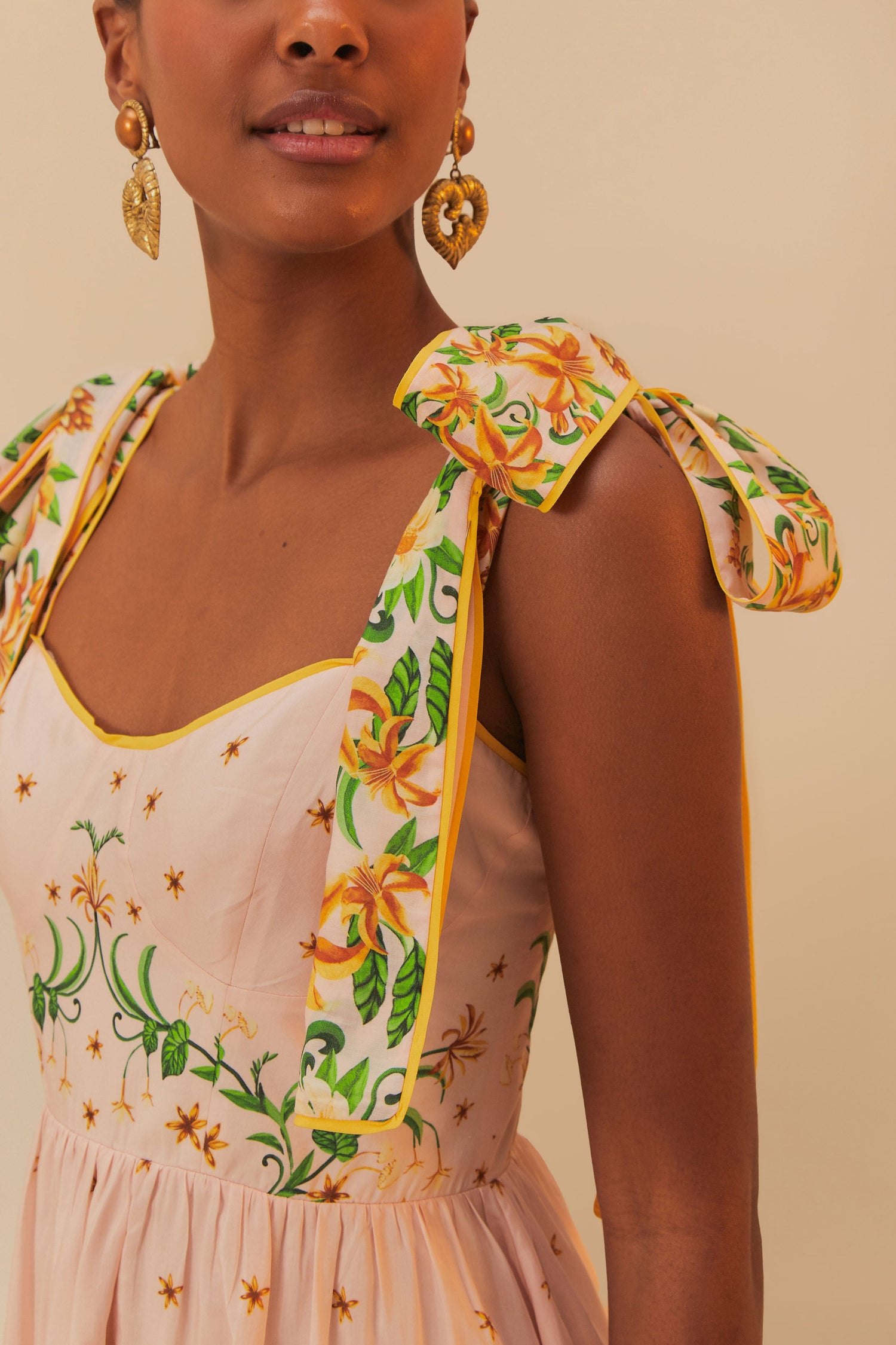 Shop for Pink Botanical Beauty Shoulder Bow Midi Dress Shop for Pink Botanical Beauty Shoulder Bow Midi Dress