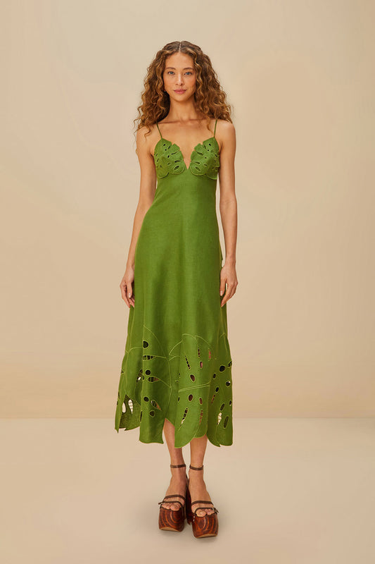 FARM Rio model wearing the Green Monstera Embroidery Midi Dress