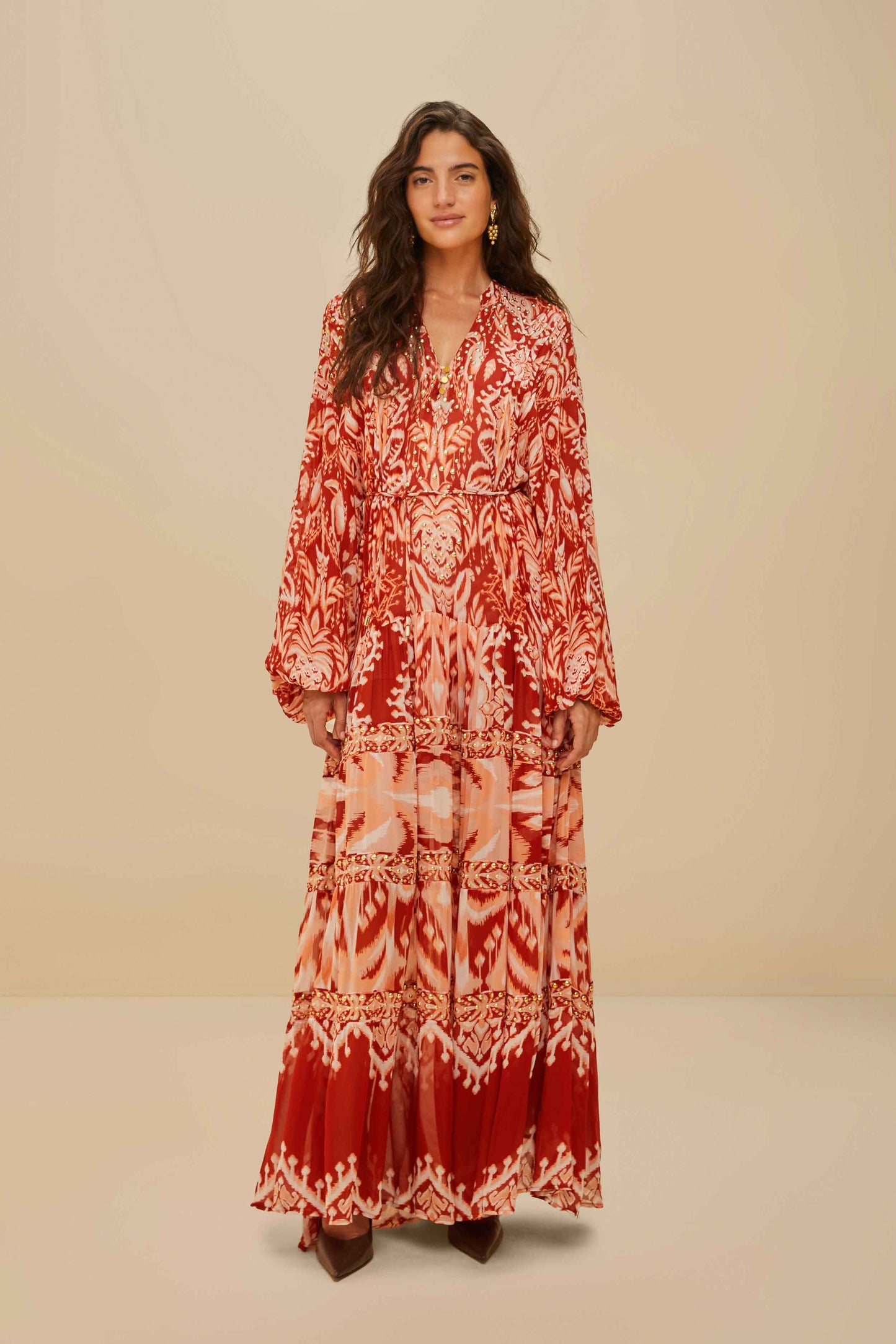 Tropical Tapestry Red Metal Embroidered Tiered Max