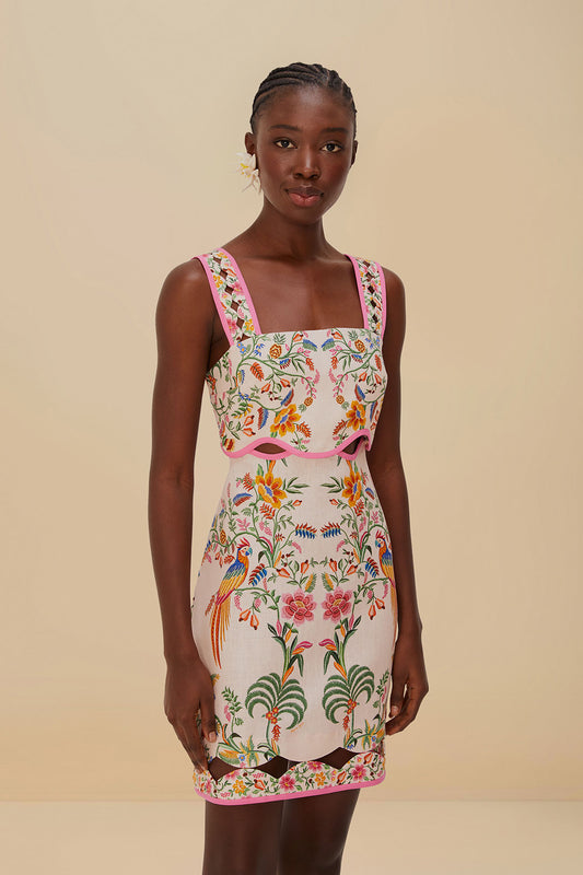 FARM Rio model wearing the Pink Delicate Forest Euroflax™ Premium Linen Mini Dress