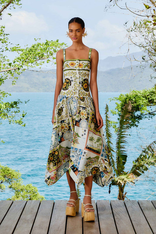 FARM Rio model wearing the Multicolor Latin Trip Scarves Organic Cotton Midi Dress