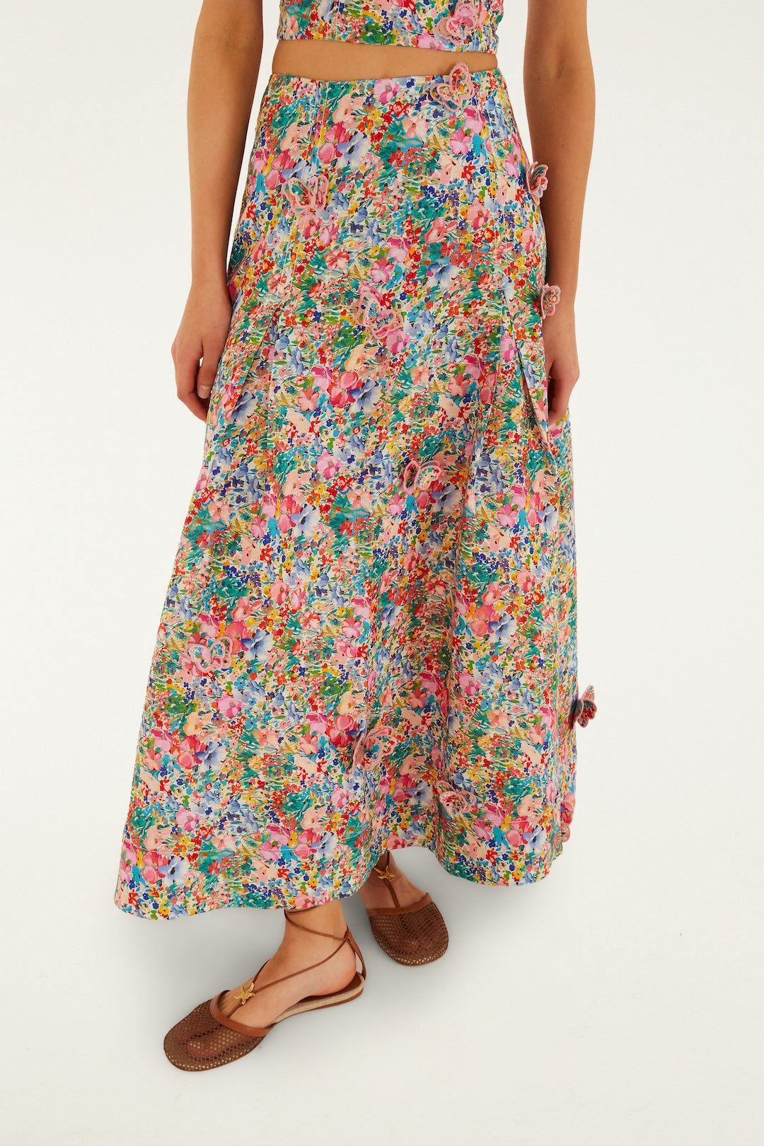 Off-White Peasant Floral Butterflies Euroflax Premium Linen Maxi Skirt