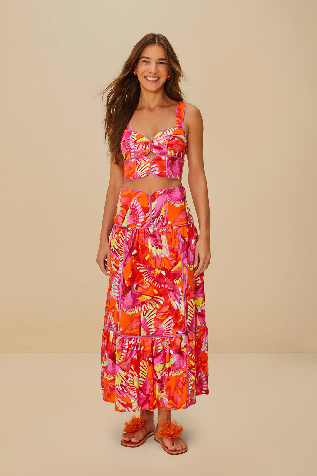 FARM Rio model wearing the Flying Birds Orange Framed Top