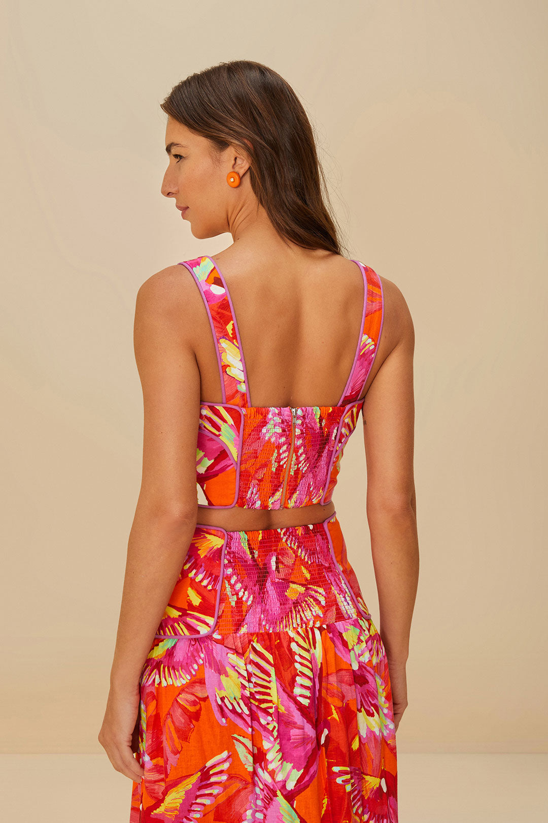 FARM Rio model wearing the Flying Birds Orange Framed Top