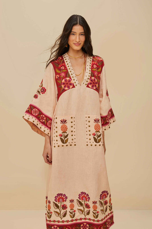 FARM Rio model wearing the Nature Embroidered Cream V Neckline Tunic Maxi Dress