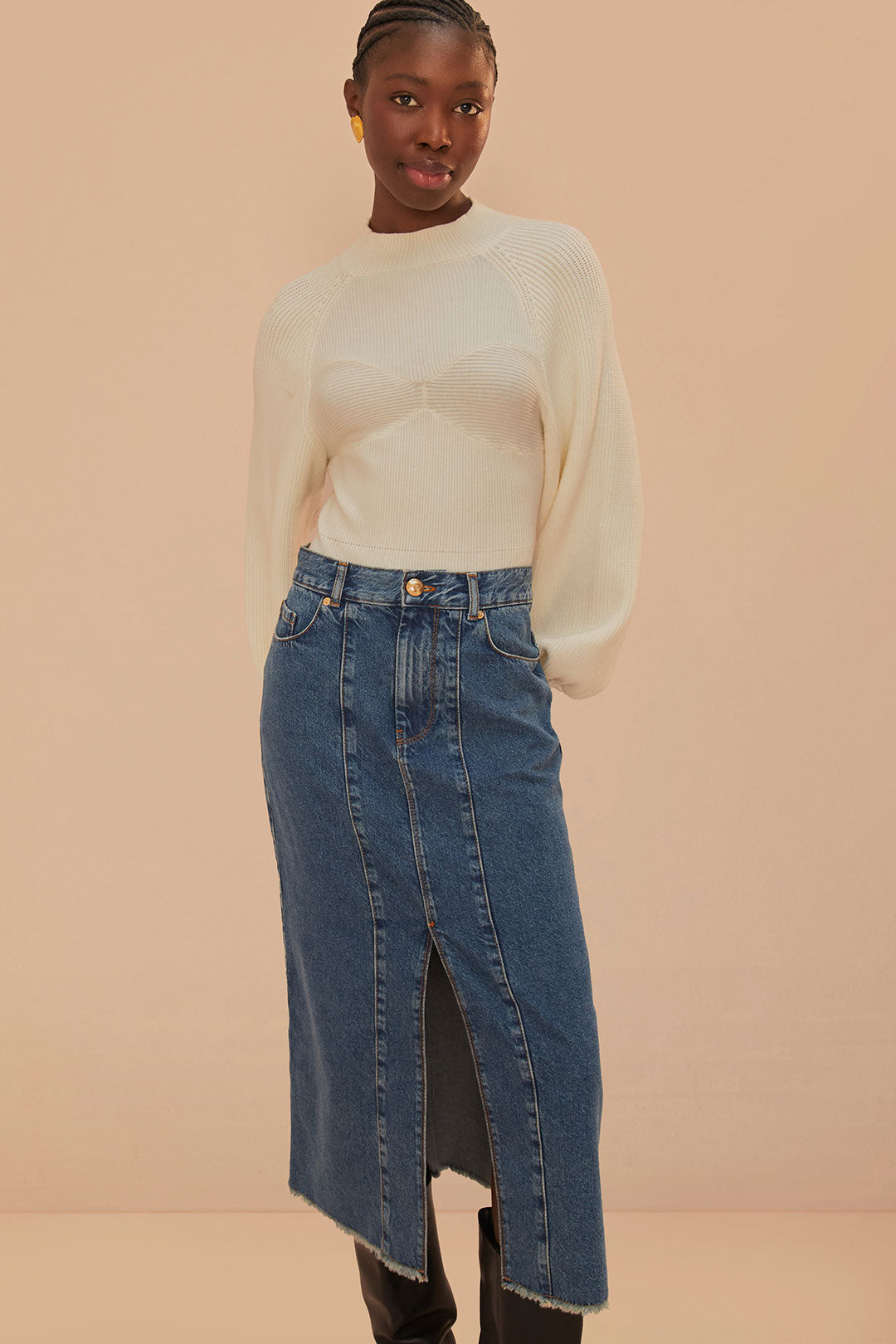 FARM Rio model wearing the Midi Denim Skirt Low Waist