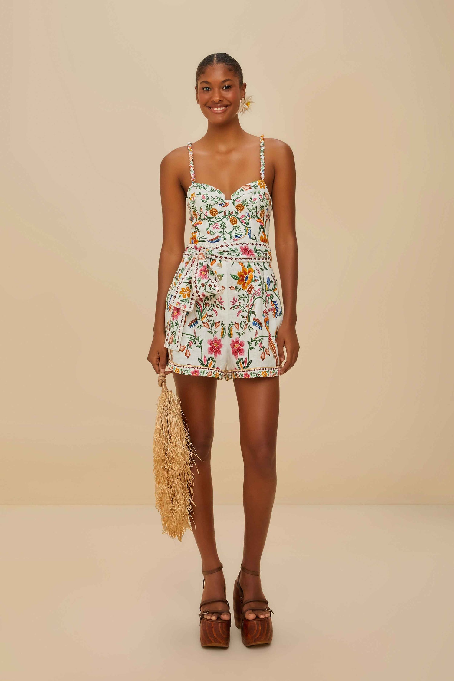 FARM Rio model wearing the Off-White Delicate Forest Euroflax™ Premium Linen Romper