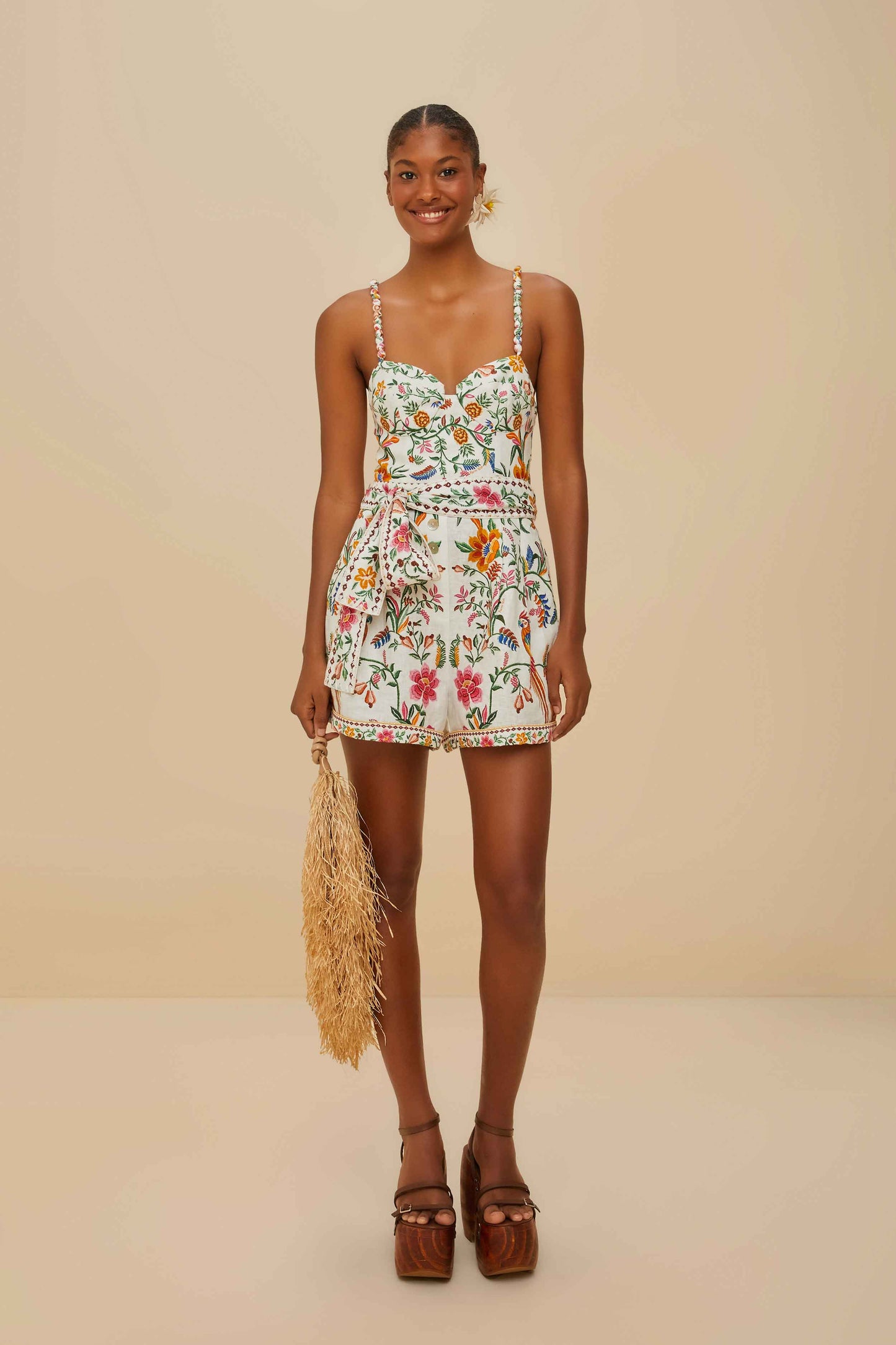 FARM Rio model wearing the Off-White Delicate Forest Euroflax™ Premium Linen Romper