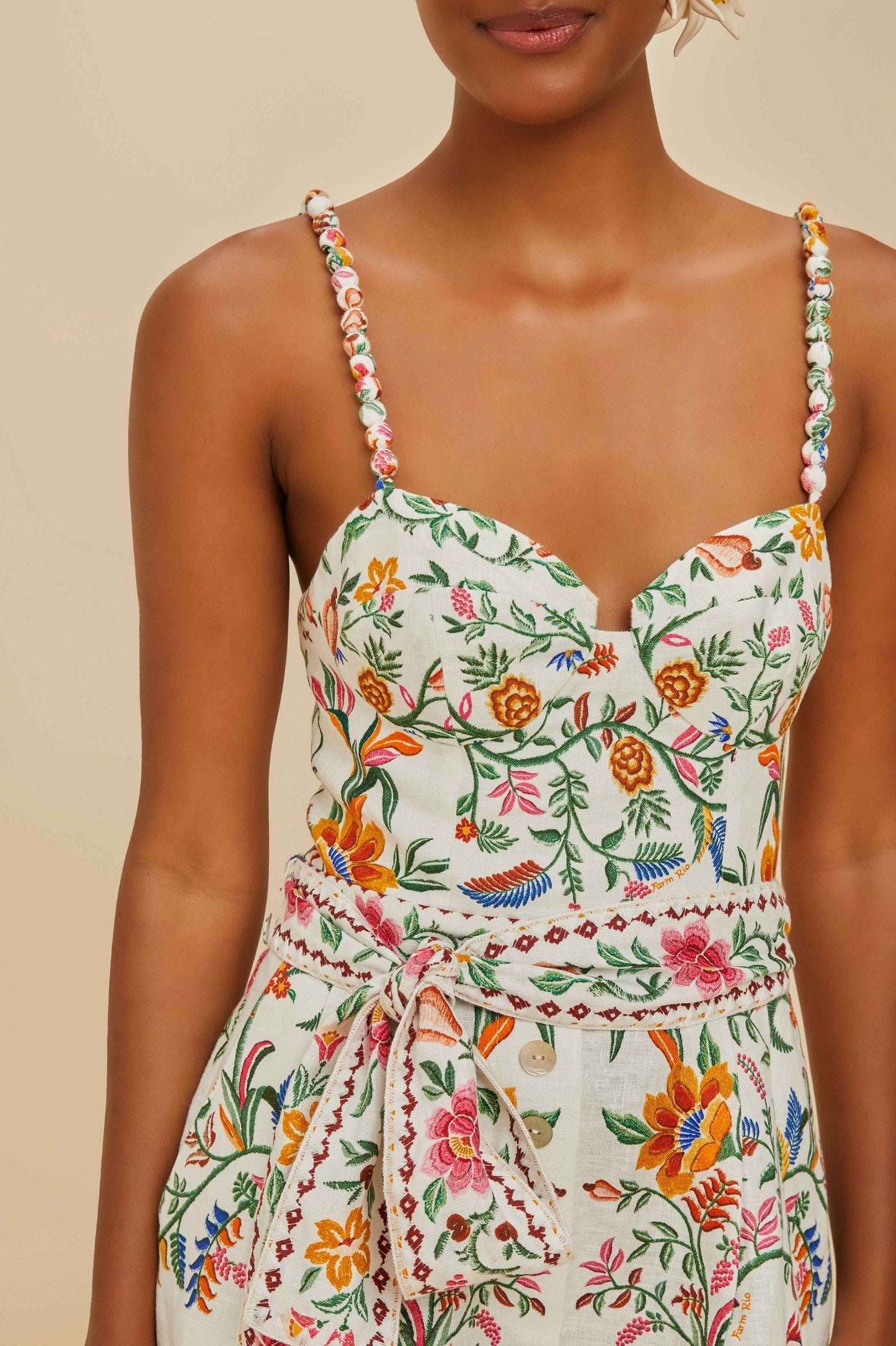 FARM Rio model wearing the Off-White Delicate Forest Euroflax™ Premium Linen Romper