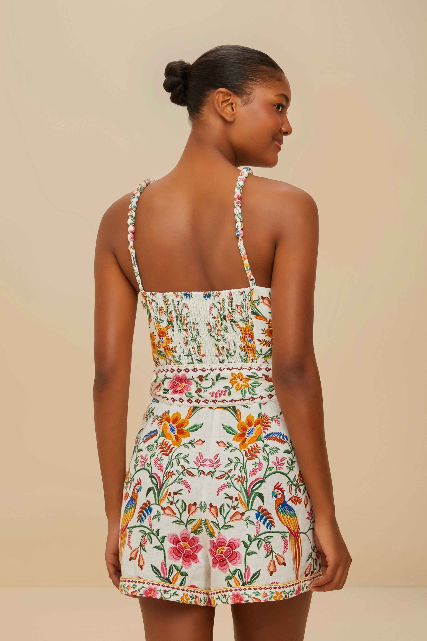 FARM Rio model wearing the Off-White Delicate Forest Euroflax™ Premium Linen Romper