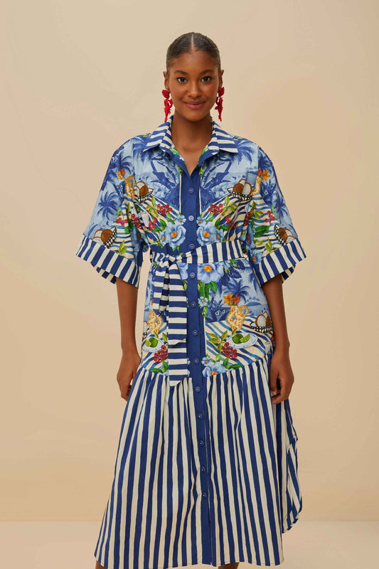 FARM Rio model wearing the Blue Fresh Table Scarf Organic Cotton Midi Dress