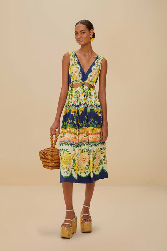 FARM Rio model wearing the Amazon Garden Cream Midi Dress