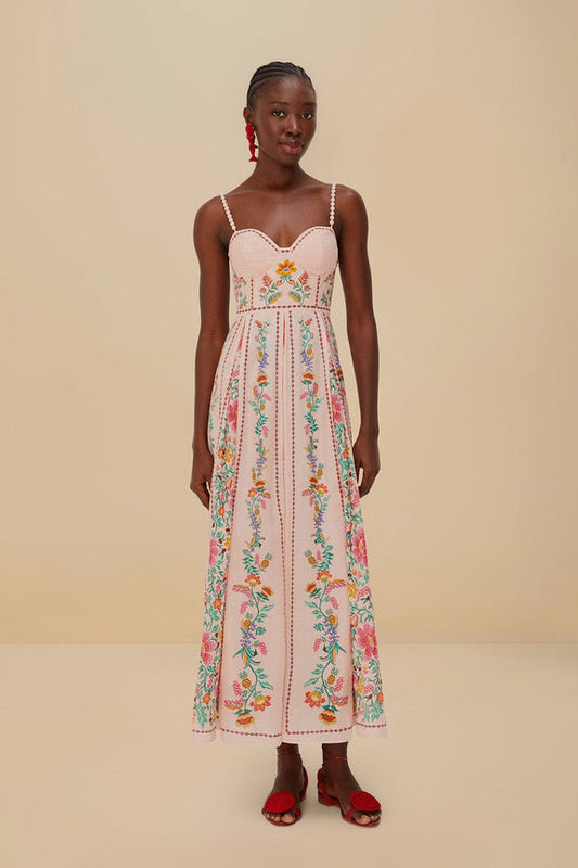 FARM Rio model wearing the Pink Delicate Forest Maxi Dress